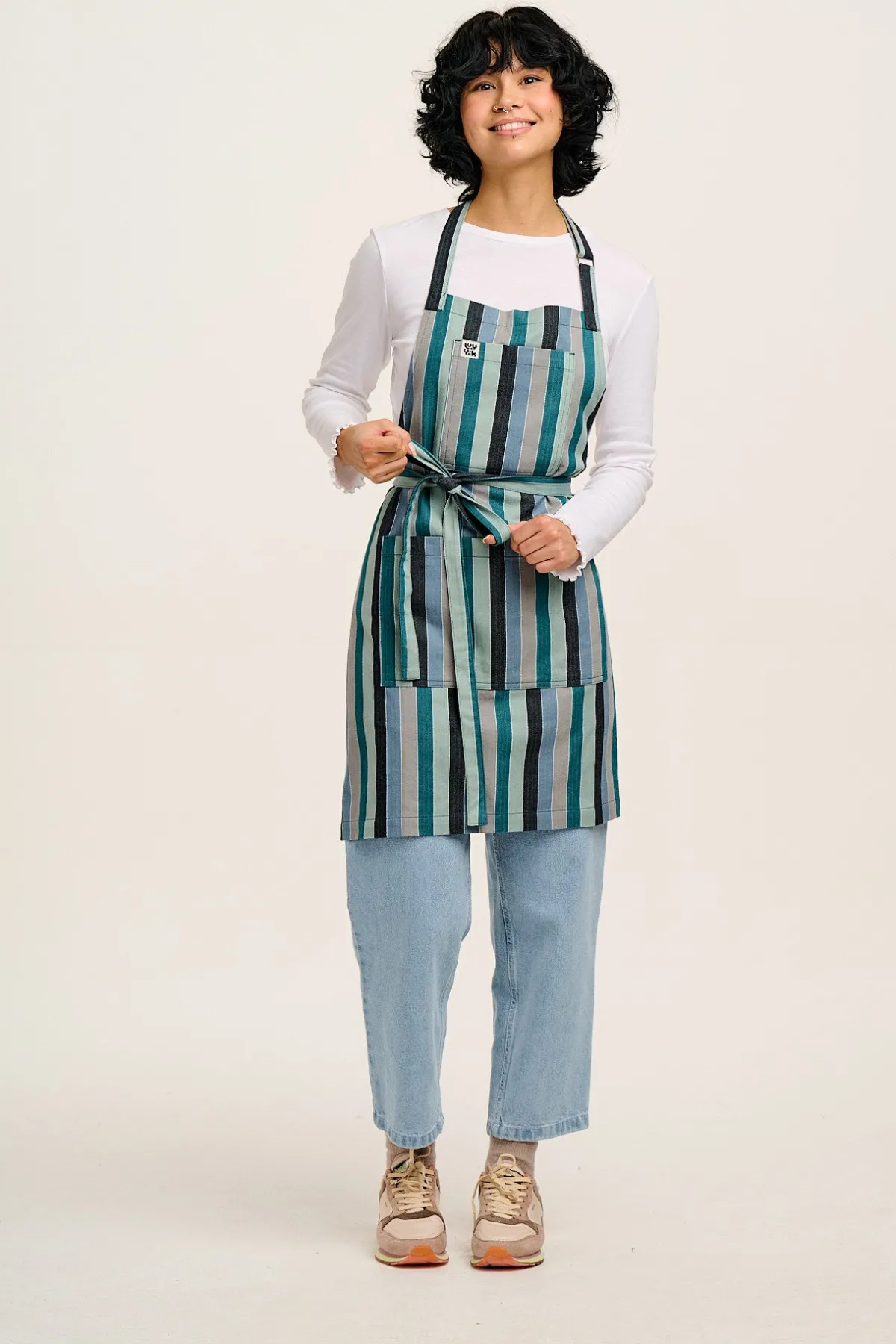 Lucy & Yak Ada - Cotton Apron in Herringbone Blue Stripe Print