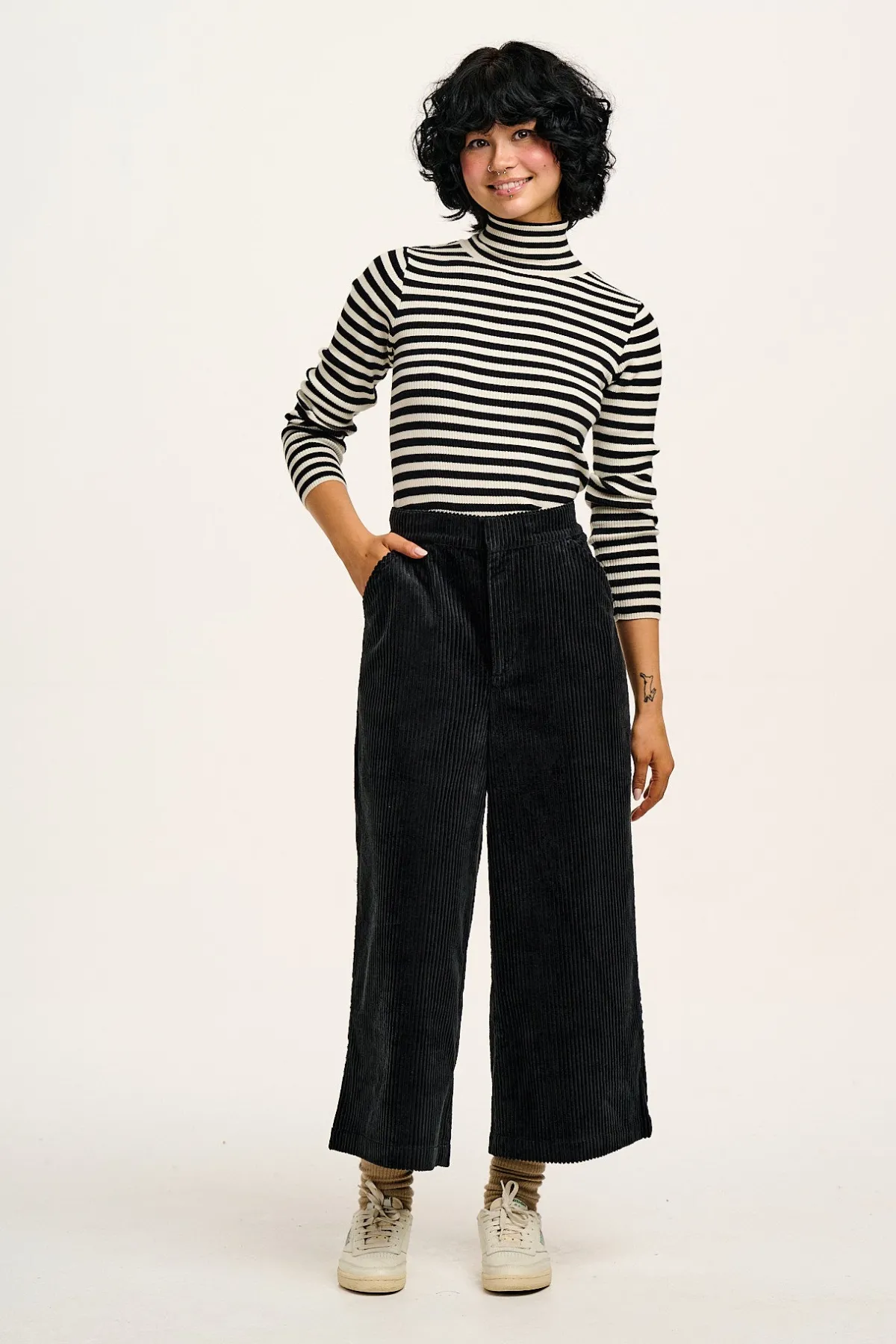 Lucy & Yak Aiden - Roll Neck Knitted Cotton Top in Black & White Stripe