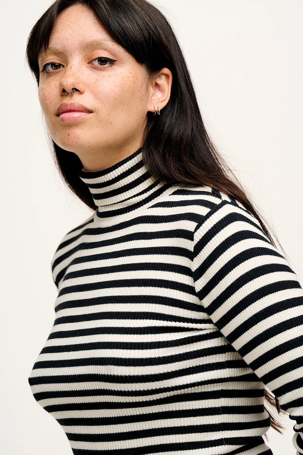 Lucy & Yak Aiden - Roll Neck Knitted Cotton Top in Black & White Stripe