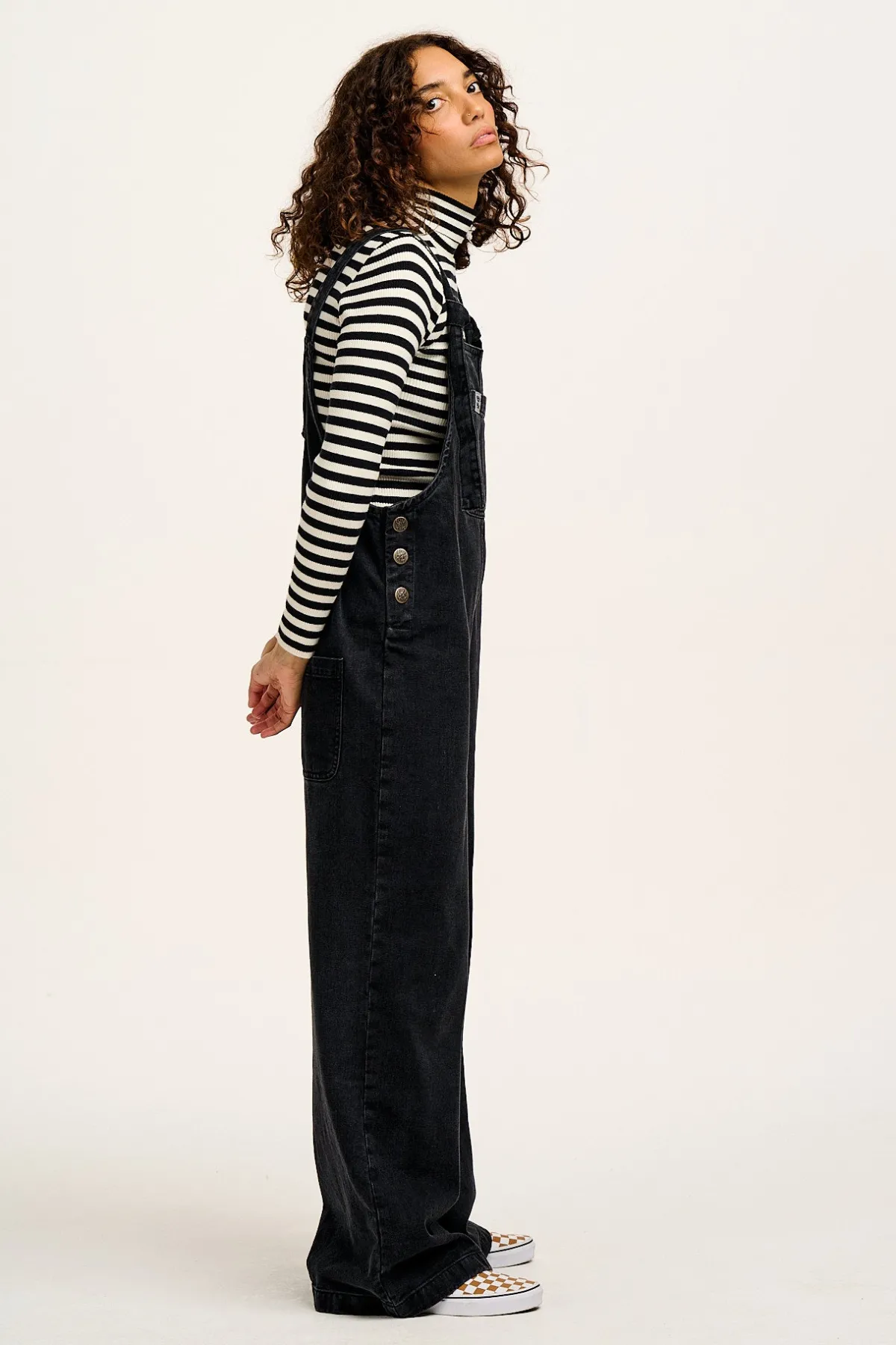 Lucy & Yak Aiden - Roll Neck Knitted Cotton Top in Black & White Stripe