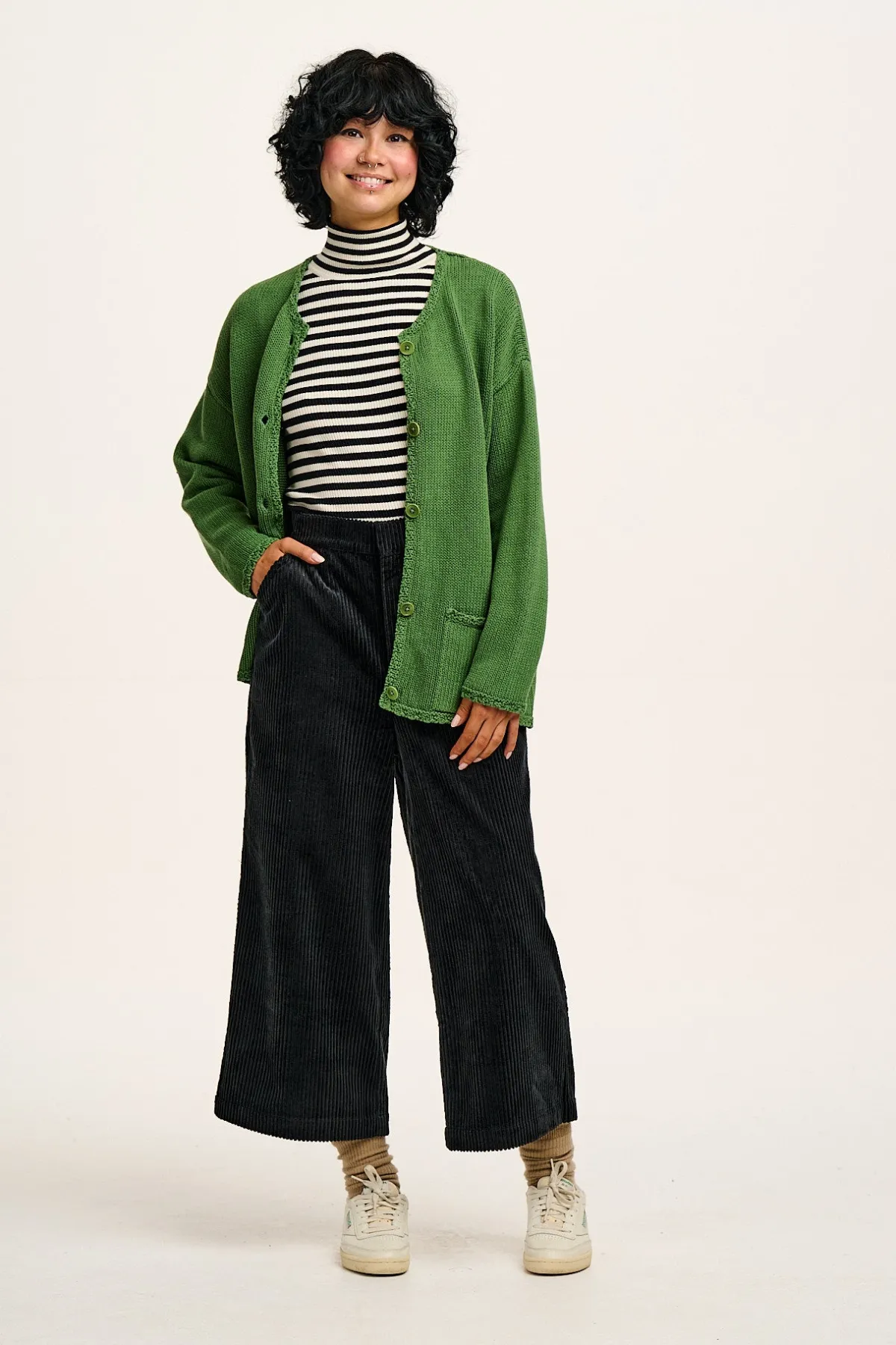 Lucy & Yak Aiden - Roll Neck Knitted Cotton Top in Black & White Stripe