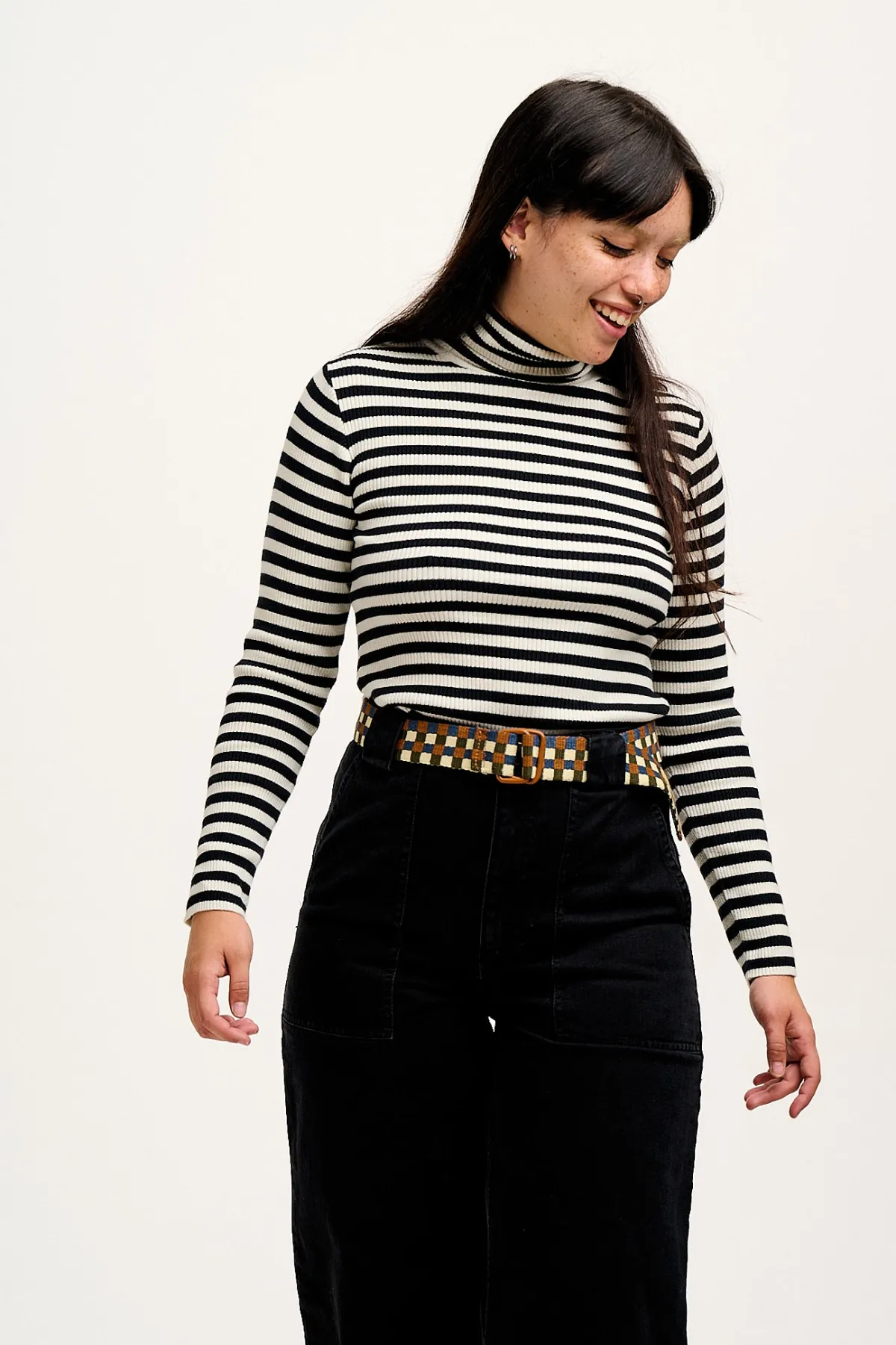 Lucy & Yak Aiden - Roll Neck Knitted Cotton Top in Black & White Stripe