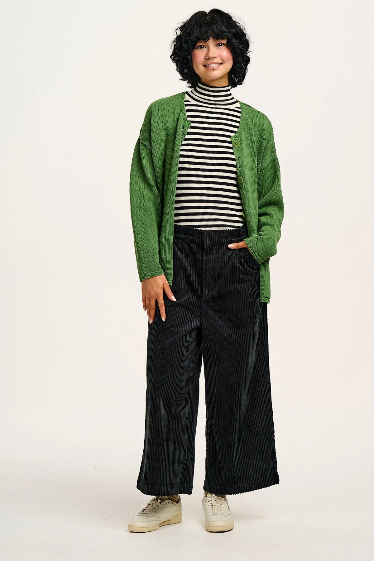 Lucy & Yak Aiden - Roll Neck Knitted Cotton Top in Black & White Stripe