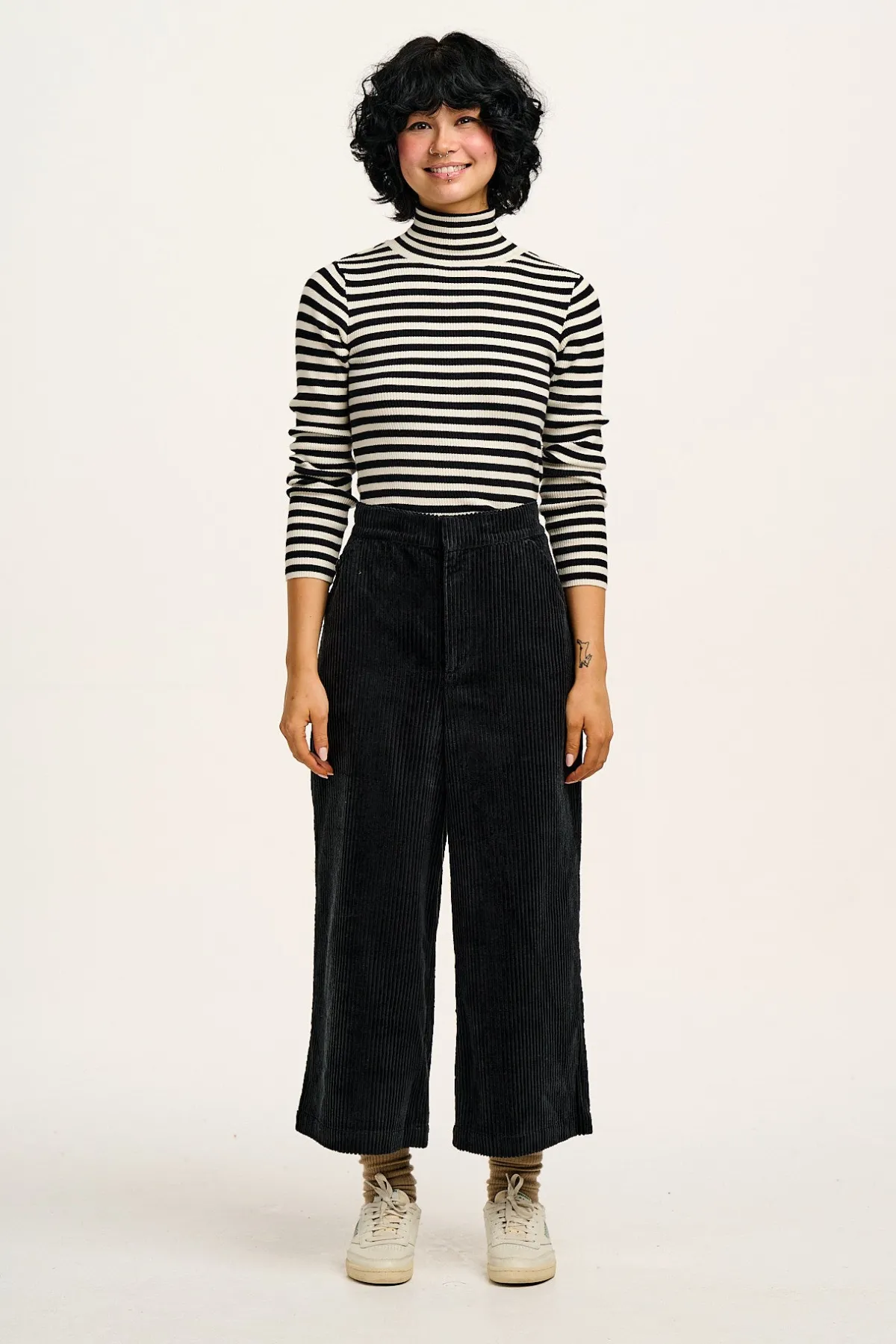 Lucy & Yak Aiden - Roll Neck Knitted Cotton Top in Black & White Stripe