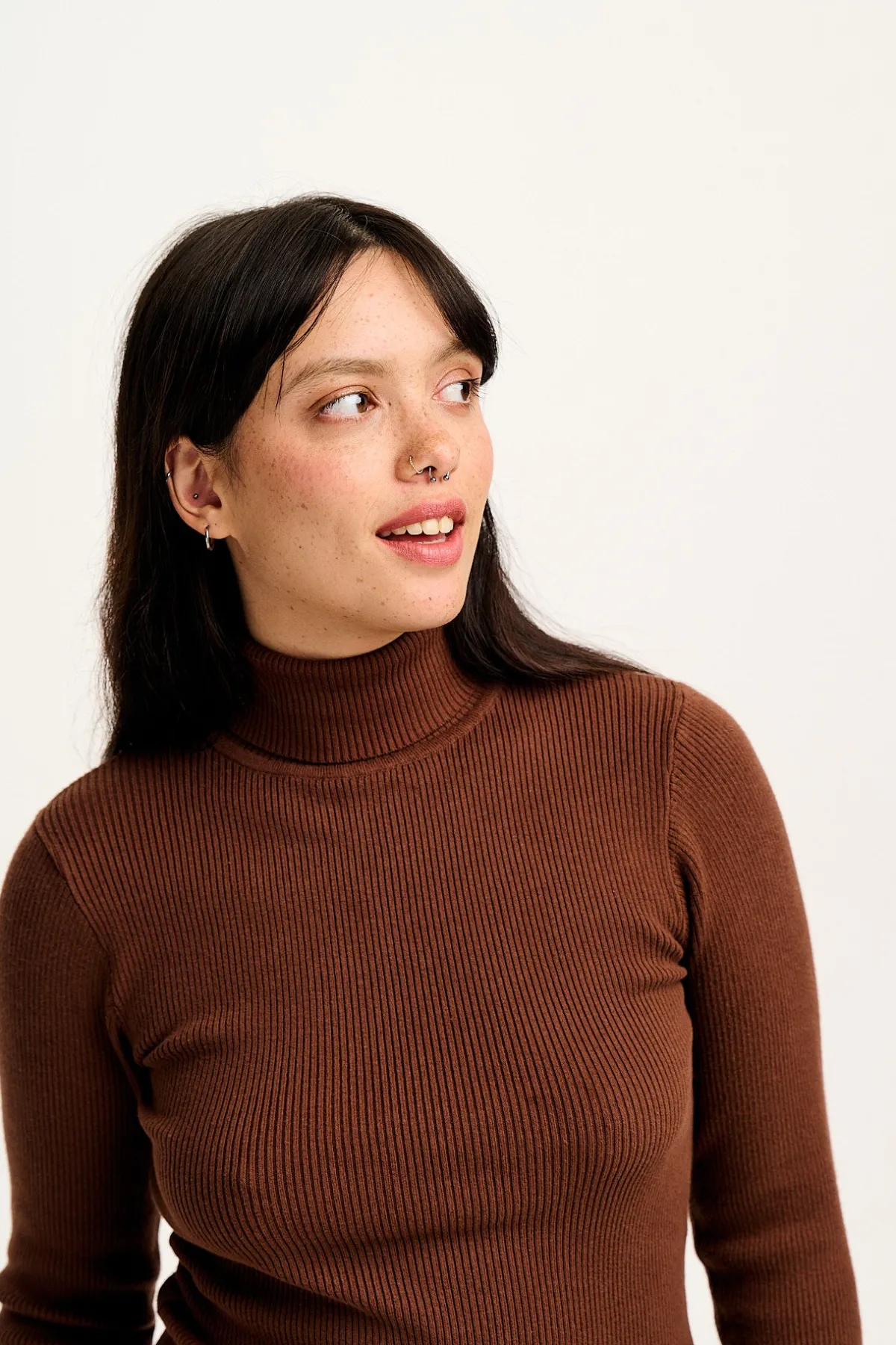 Lucy & Yak Aiden - Roll Neck Knitted Top in Mocha Brown