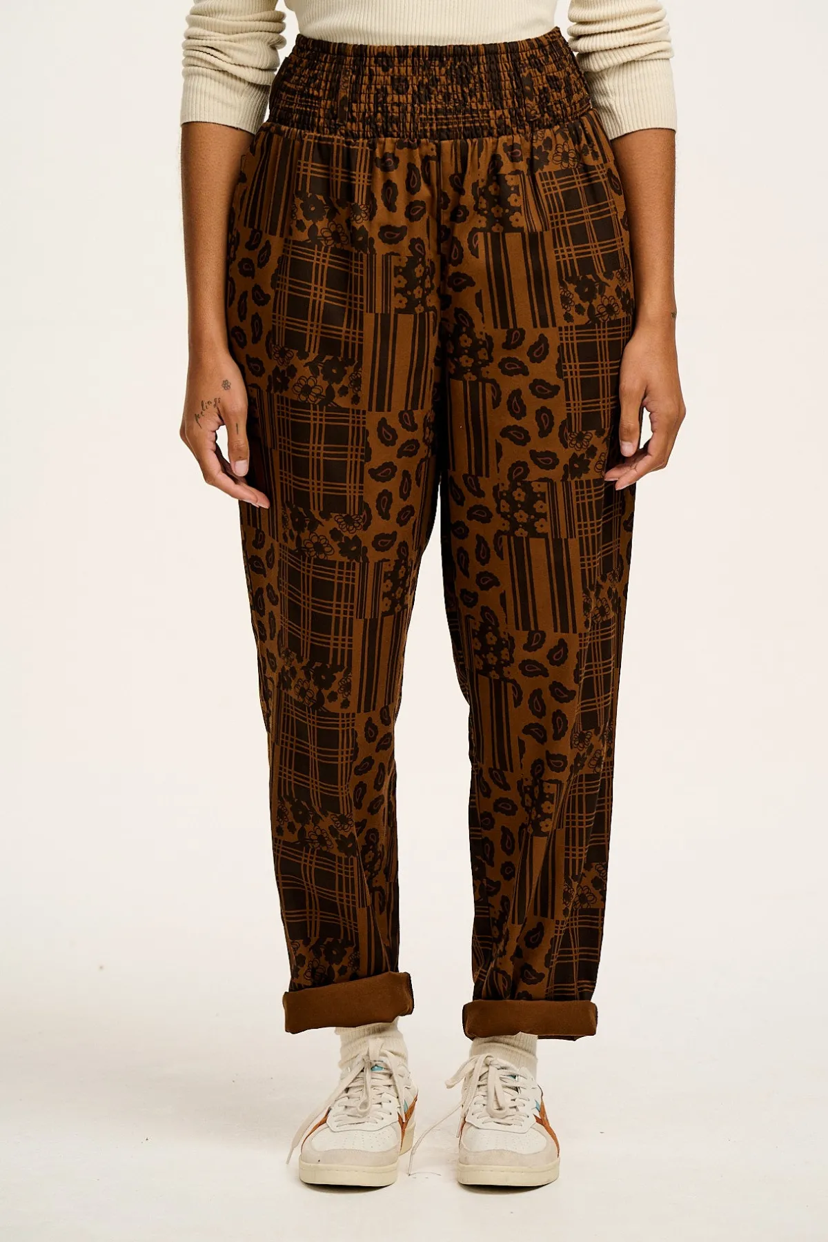 Lucy & Yak Alexa - Cotton Trousers in Brown Penny Patchwork Print