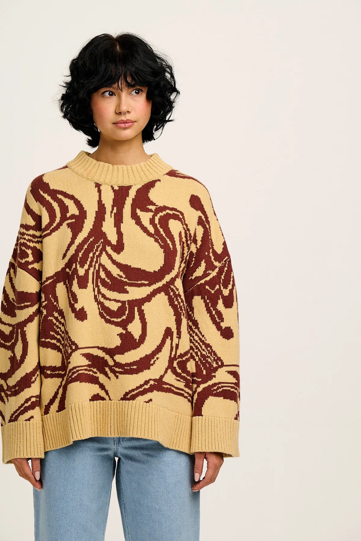 Lucy & Yak Amari - Oversized Knitted Jumper in Cream & Brown Swirl