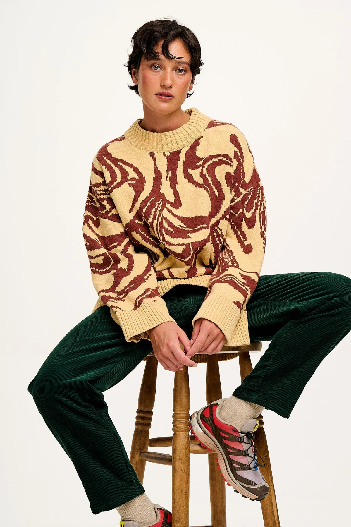 Lucy & Yak Amari - Oversized Knitted Jumper in Cream & Brown Swirl
