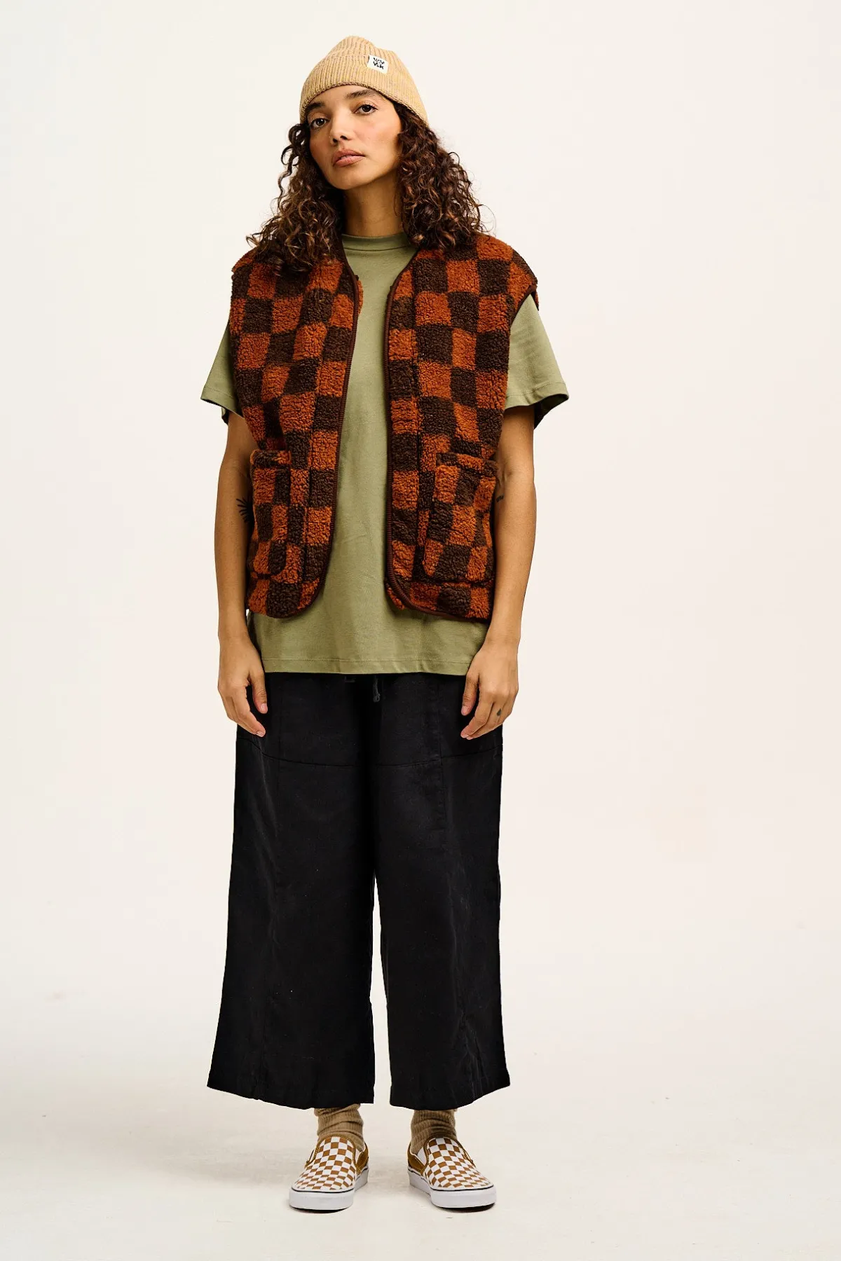 Lucy & Yak Aubrey - Borg Fleece Gilet in Terry Brown Check Print