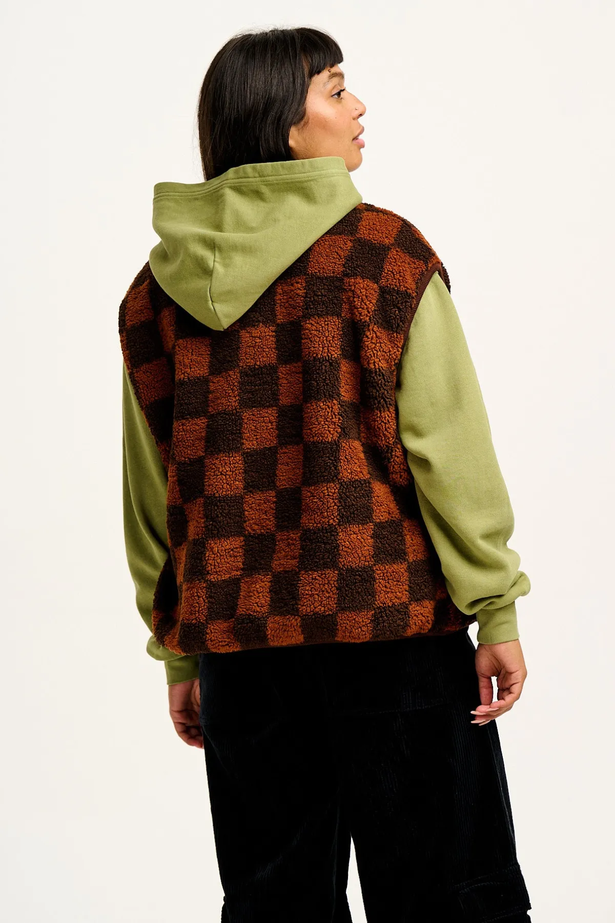 Lucy & Yak Aubrey - Borg Fleece Gilet in Terry Brown Check Print