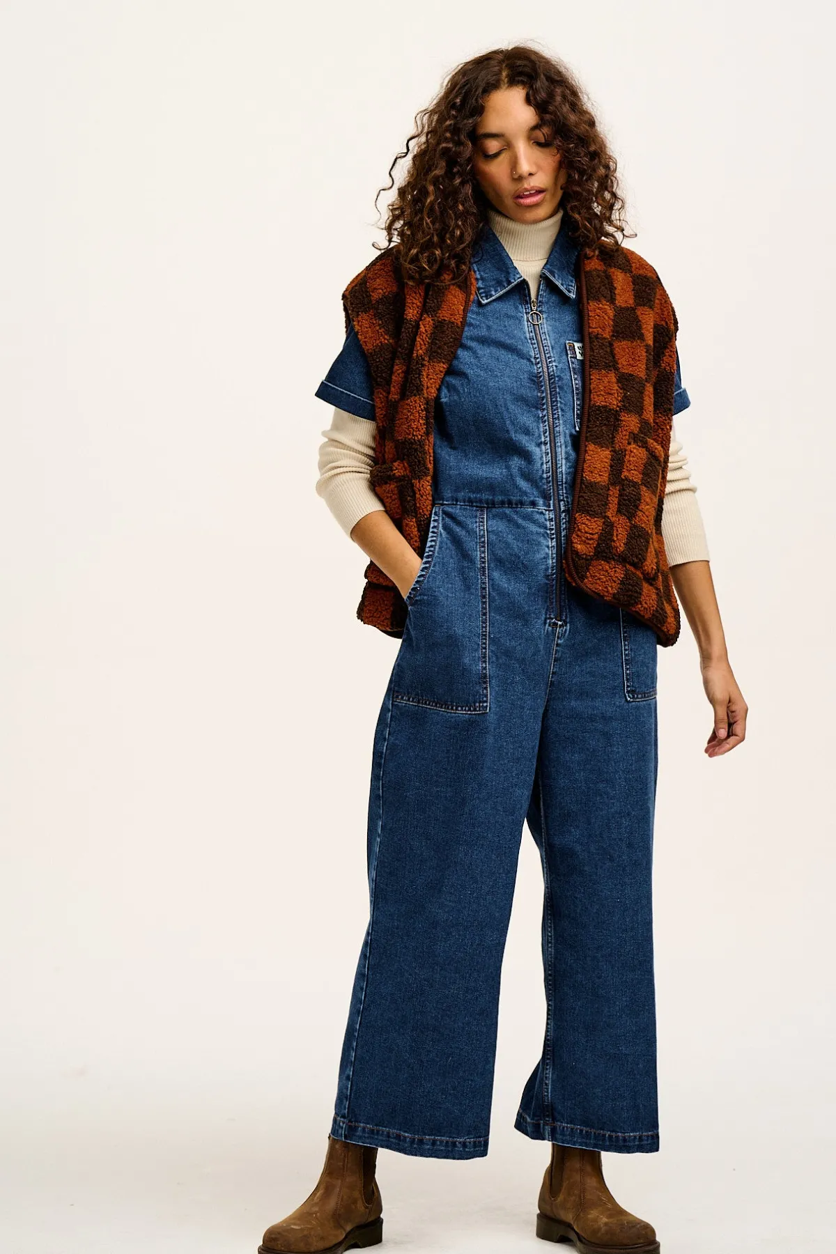 Lucy & Yak Aubrey - Borg Fleece Gilet in Terry Brown Check Print