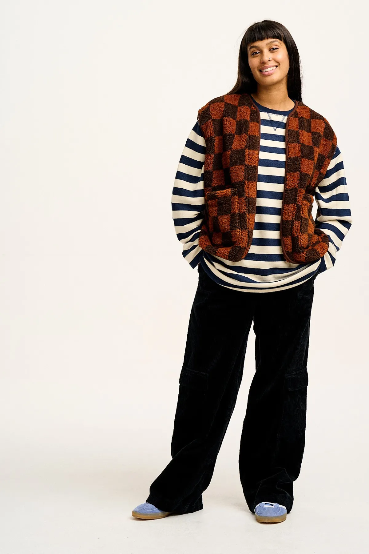 Lucy & Yak Aubrey - Borg Fleece Gilet in Terry Brown Check Print