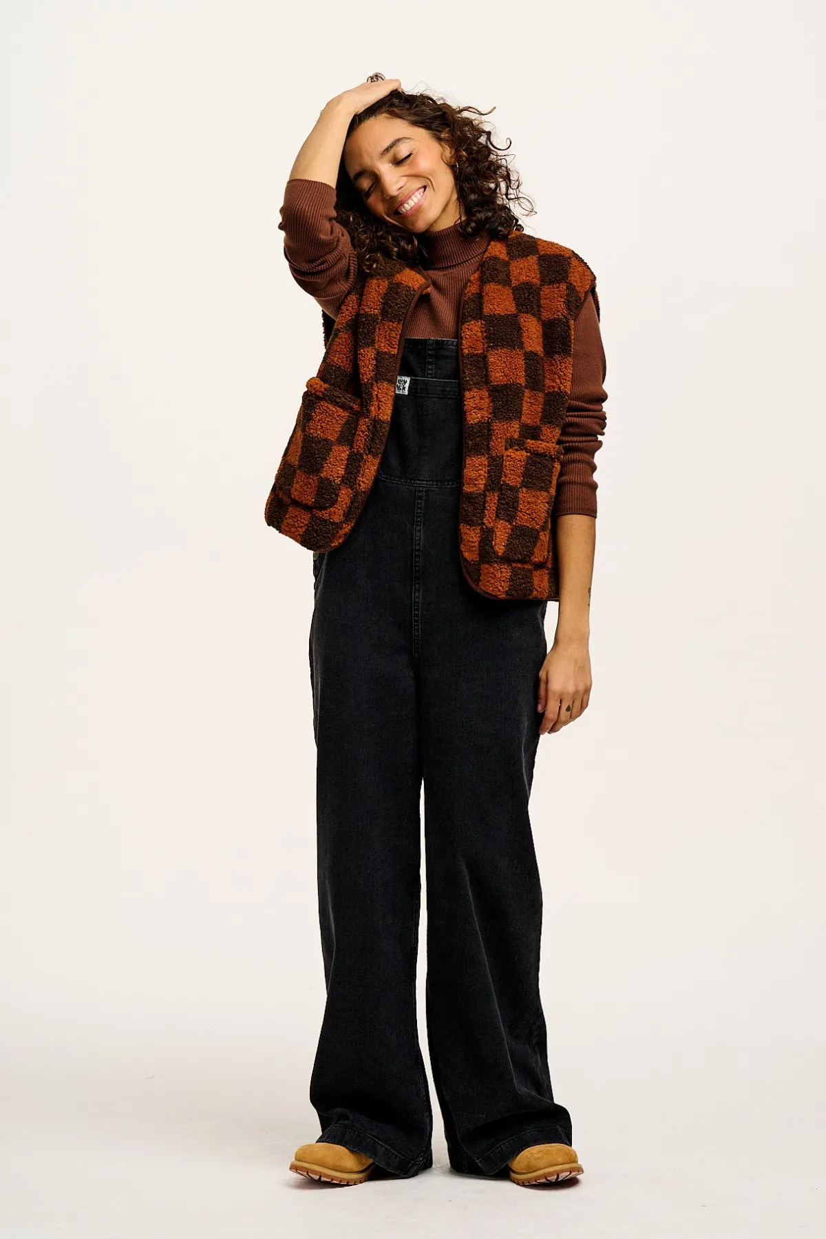 Lucy & Yak Aubrey - Borg Fleece Gilet in Terry Brown Check Print