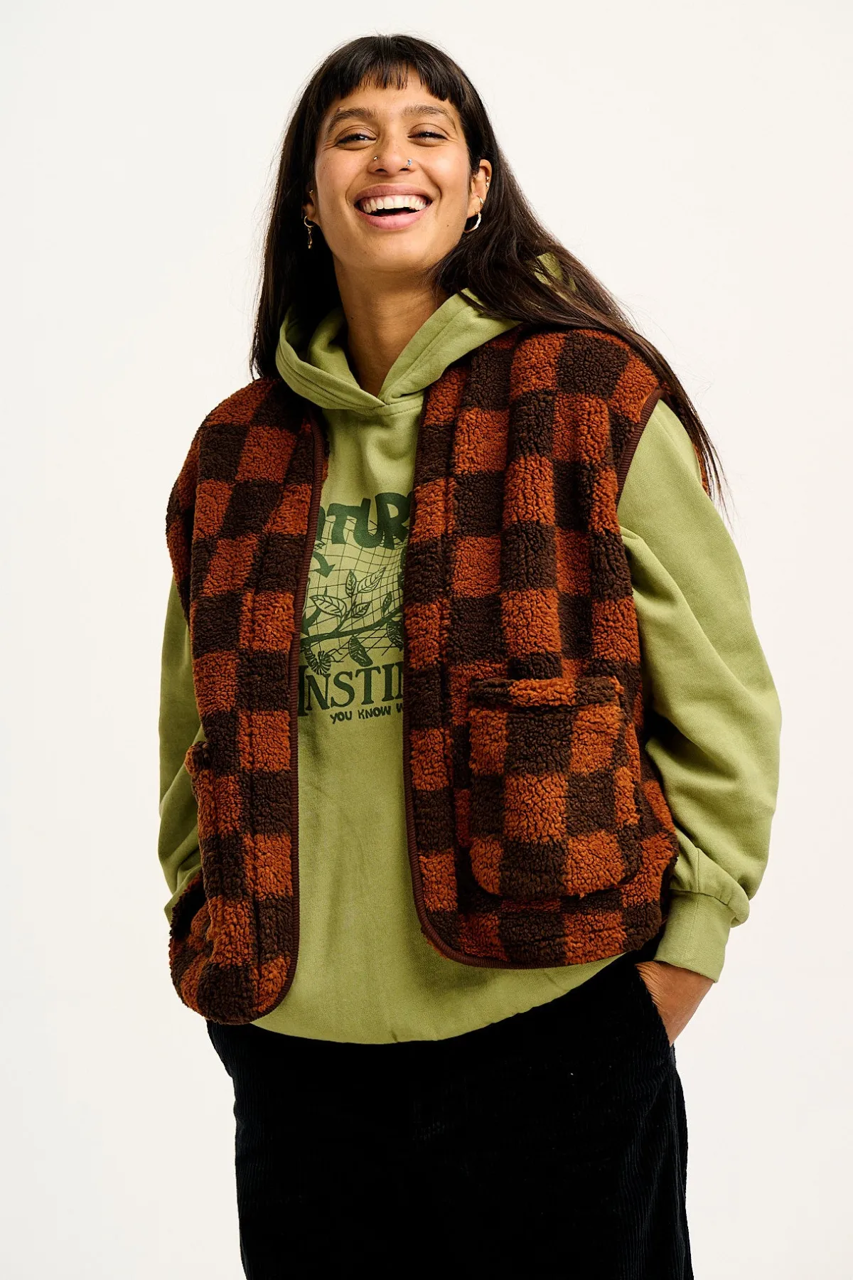 Lucy & Yak Aubrey - Borg Fleece Gilet in Terry Brown Check Print