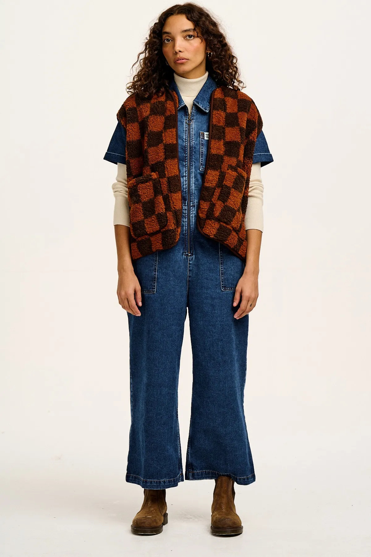 Lucy & Yak Aubrey - Borg Fleece Gilet in Terry Brown Check Print