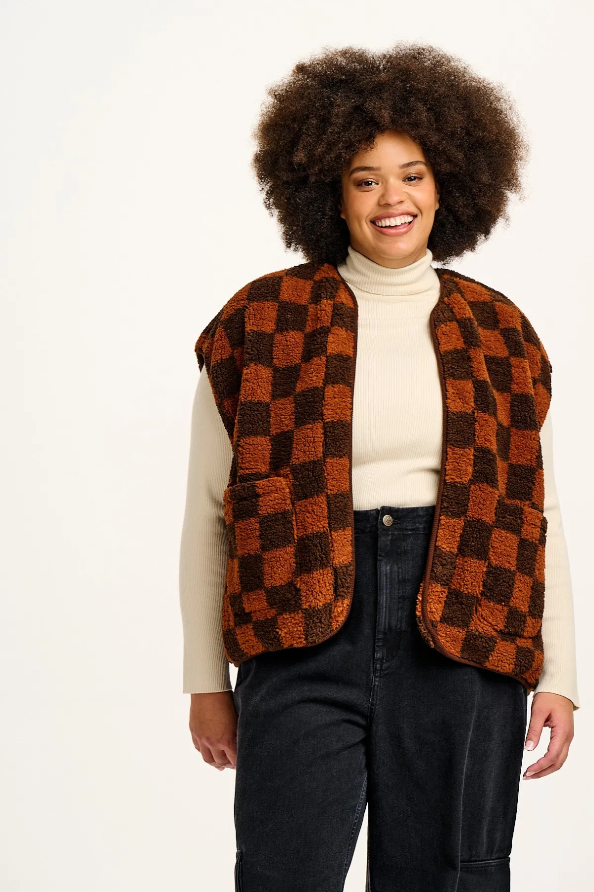 Lucy & Yak Aubrey - Borg Fleece Gilet in Terry Brown Check Print