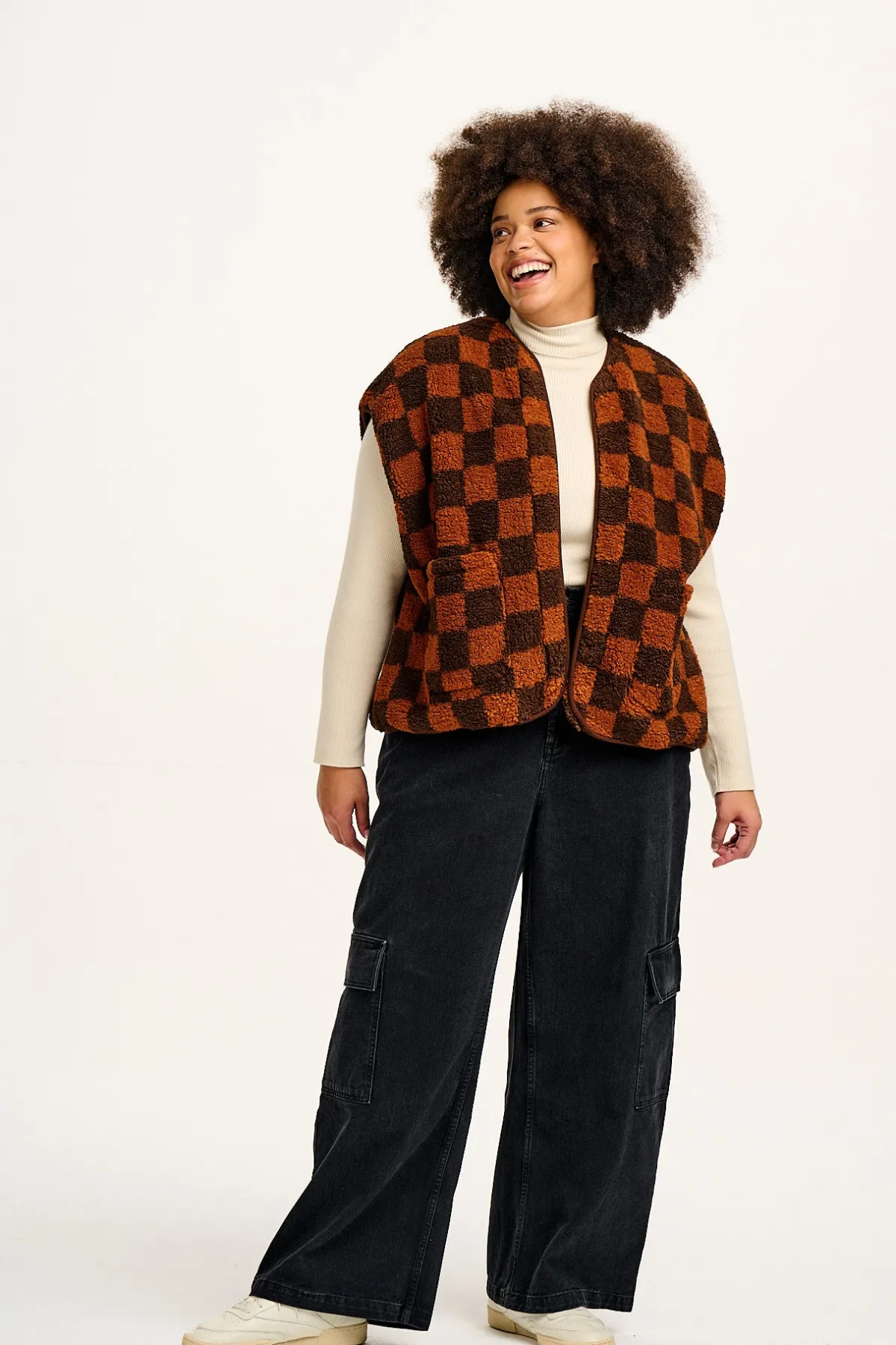 Lucy & Yak Aubrey - Borg Fleece Gilet in Terry Brown Check Print