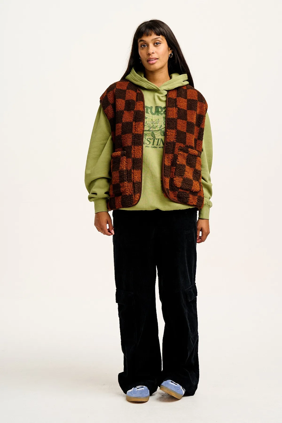 Lucy & Yak Aubrey - Borg Fleece Gilet in Terry Brown Check Print