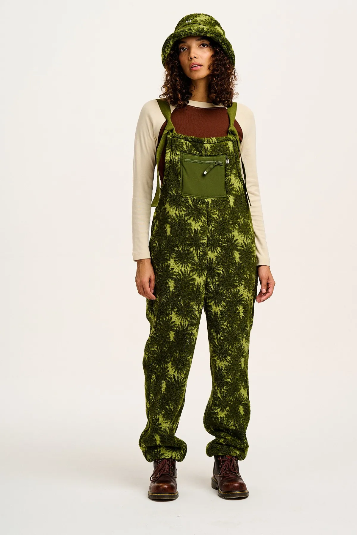 Lucy & Yak Baloo - Borg Fleece Dungarees in Green Sequoia Print