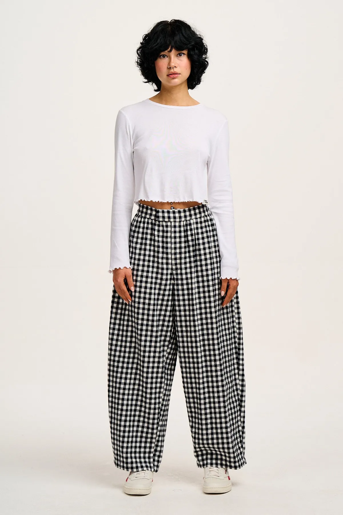 Lucy & Yak Beau - Balloon Brushed Cotton Trousers in Black & White Mono Gingham Print