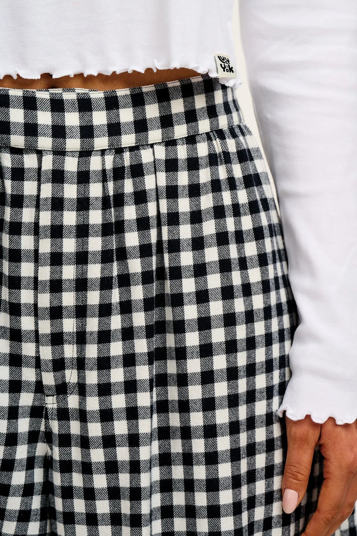 Lucy & Yak Beau - Balloon Brushed Cotton Trousers in Black & White Mono Gingham Print