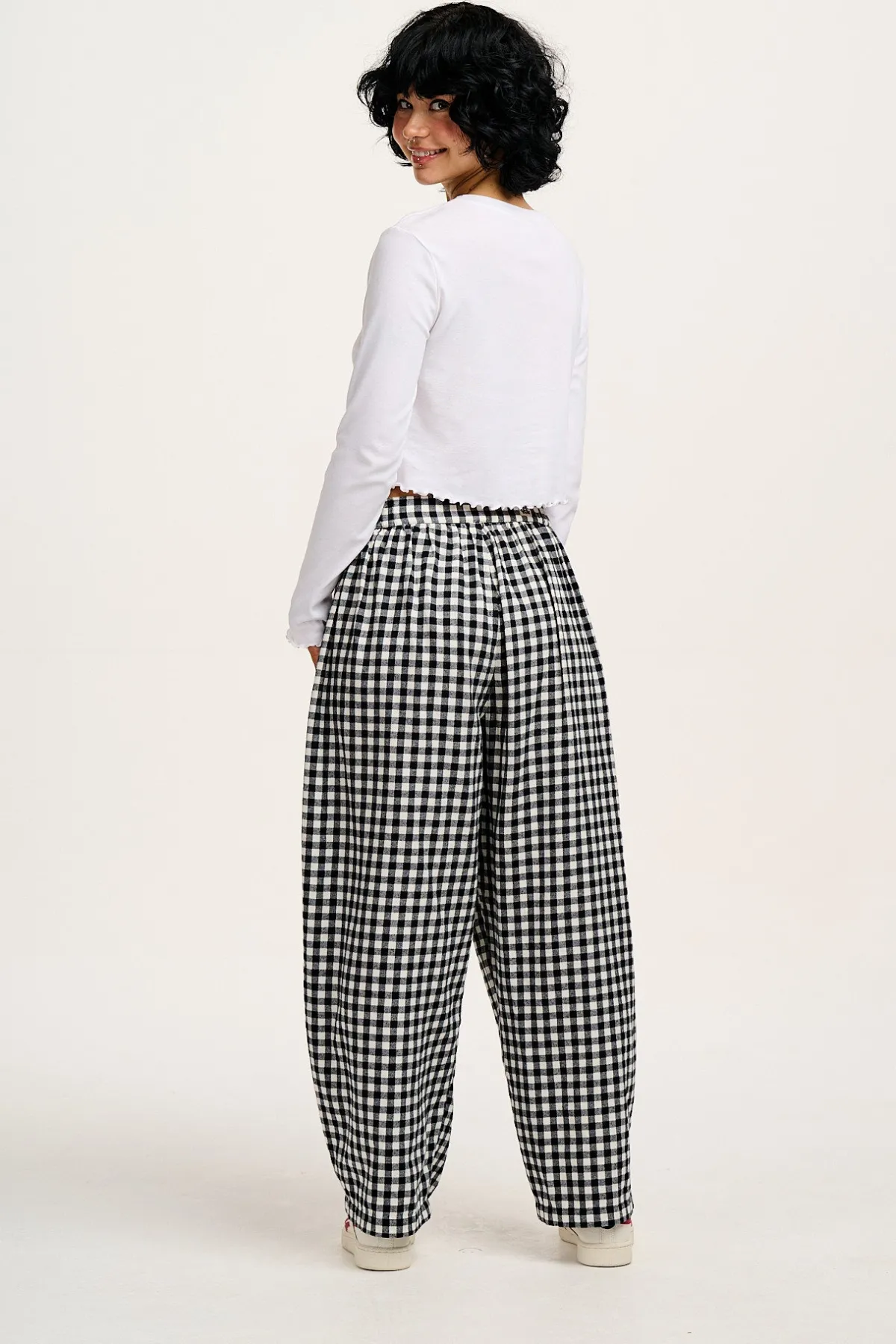 Lucy & Yak Beau - Balloon Brushed Cotton Trousers in Black & White Mono Gingham Print