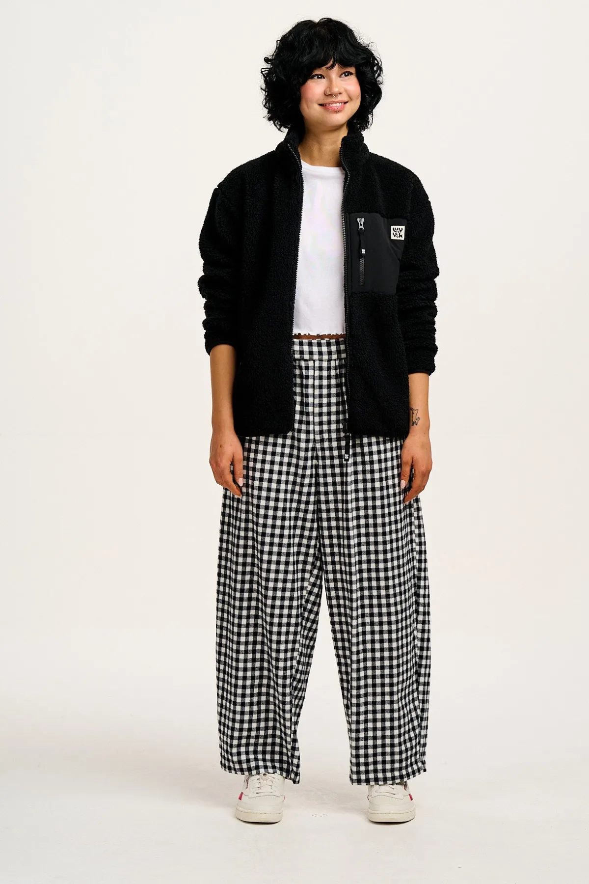 Lucy & Yak Beau - Balloon Brushed Cotton Trousers in Black & White Mono Gingham Print