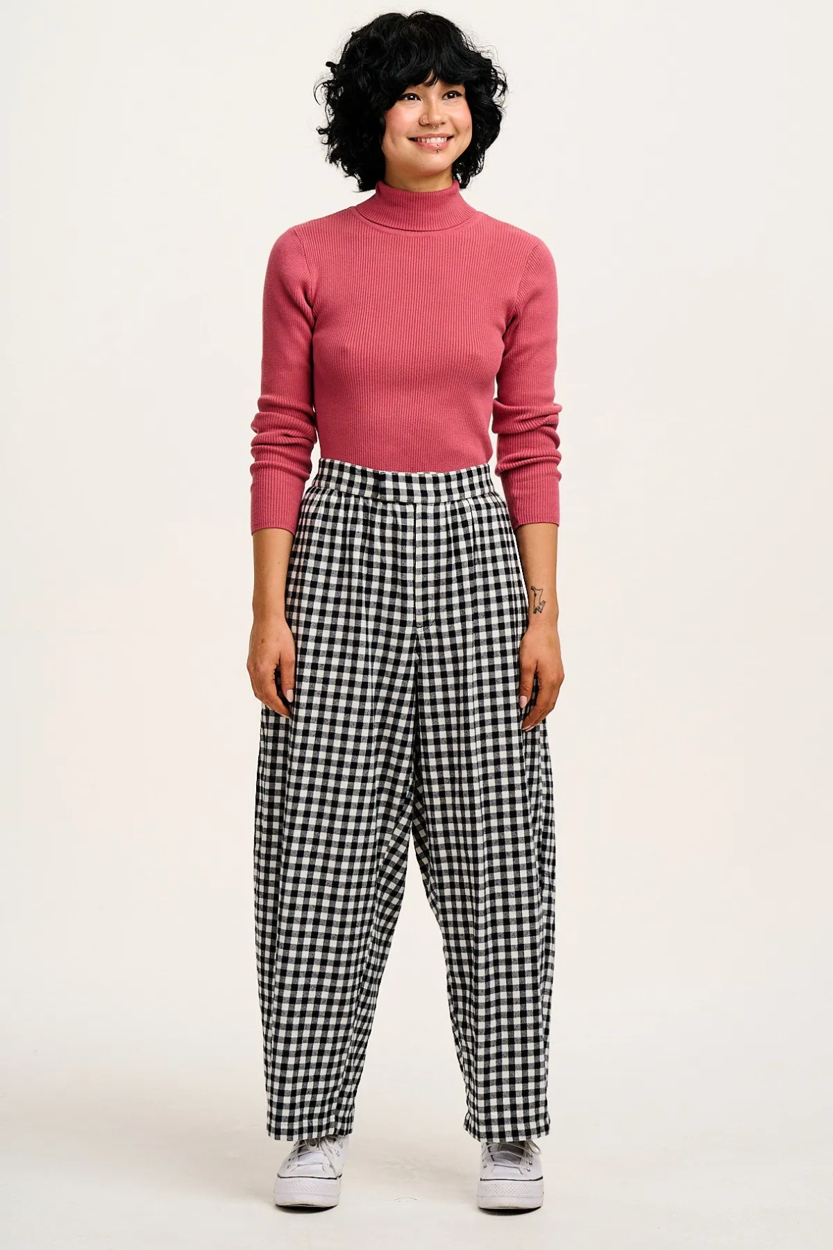 Lucy & Yak Beau - Balloon Brushed Cotton Trousers in Black & White Mono Gingham Print