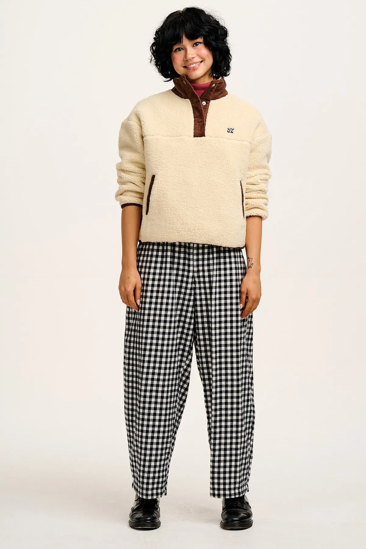 Lucy & Yak Beau - Balloon Brushed Cotton Trousers in Black & White Mono Gingham Print