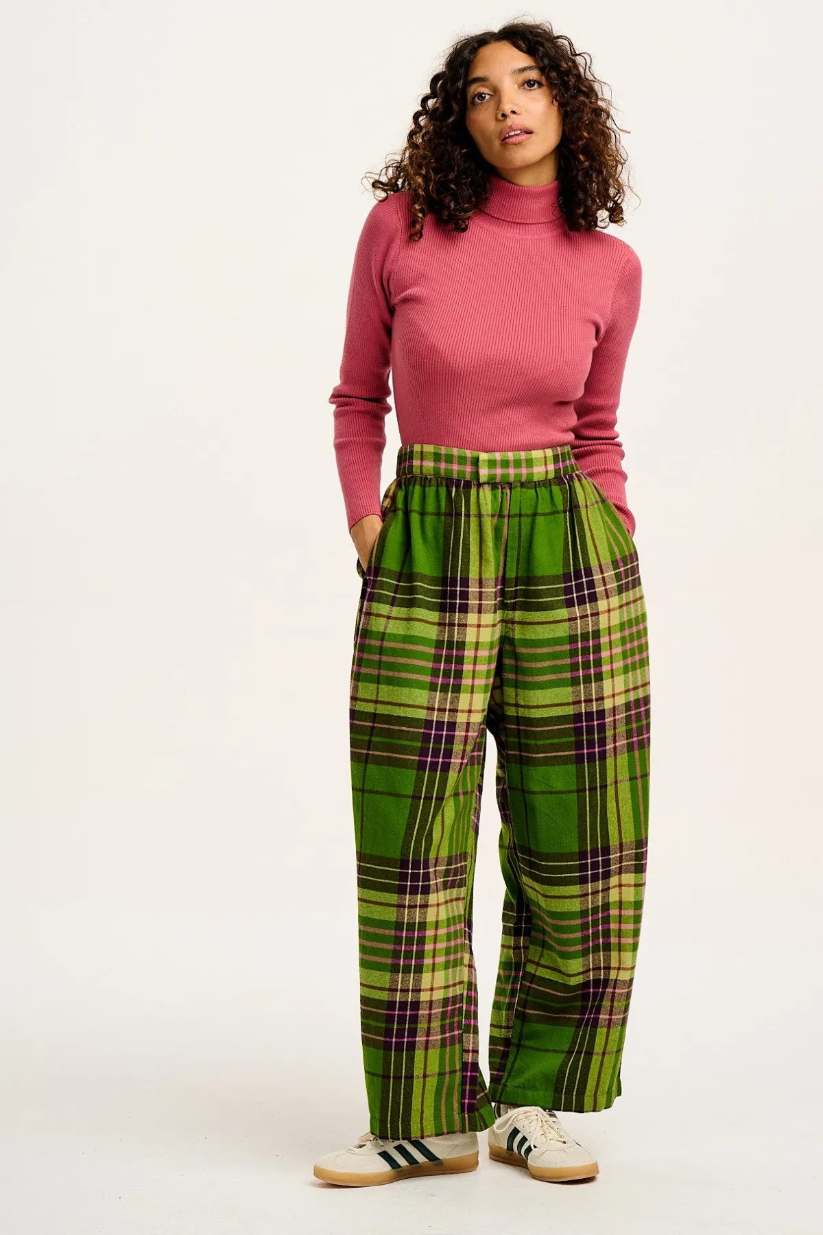 Lucy & Yak Beau - Balloon Brushed Cotton Trousers in Green Isla Tartan Print