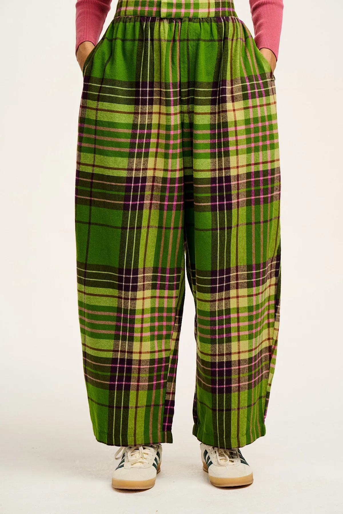 Lucy & Yak Beau - Balloon Brushed Cotton Trousers in Green Isla Tartan Print