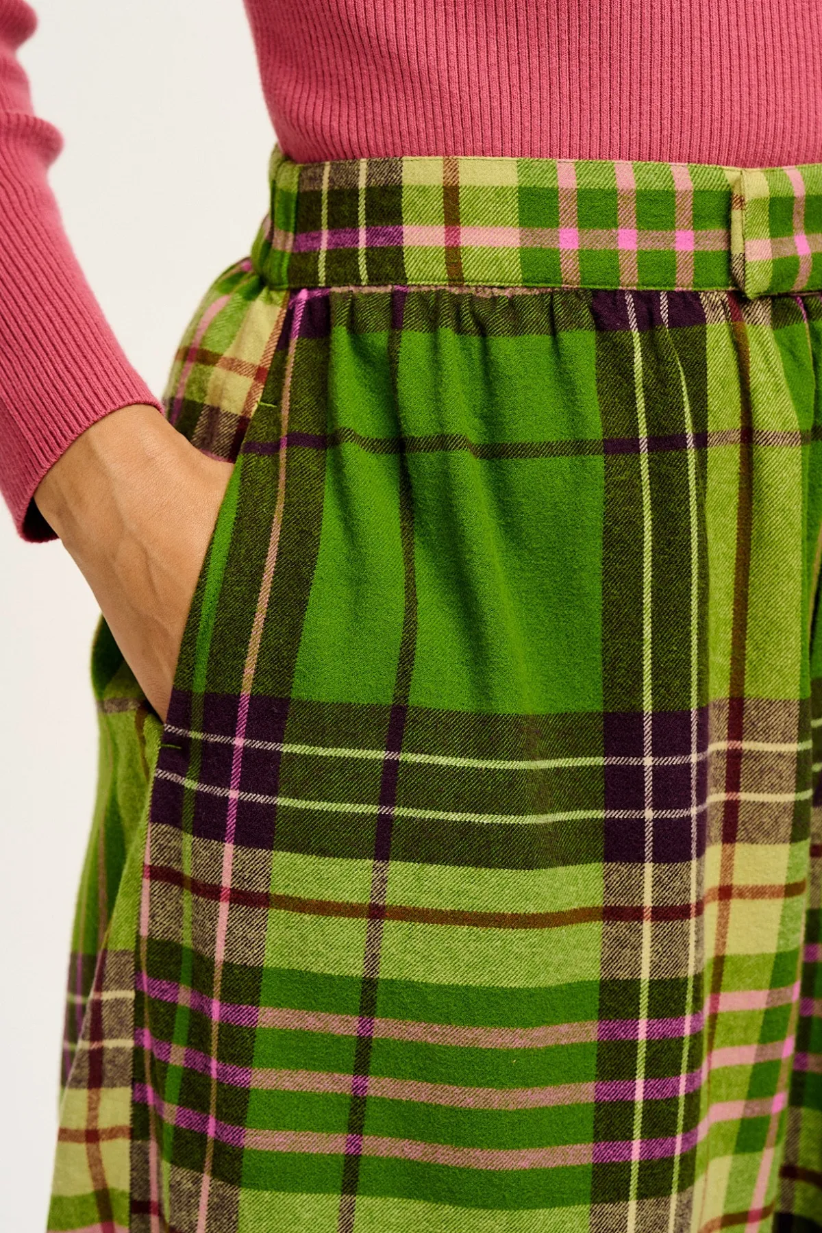Lucy & Yak Beau - Balloon Brushed Cotton Trousers in Green Isla Tartan Print