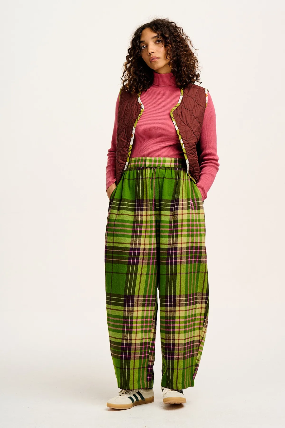 Lucy & Yak Beau - Balloon Brushed Cotton Trousers in Green Isla Tartan Print