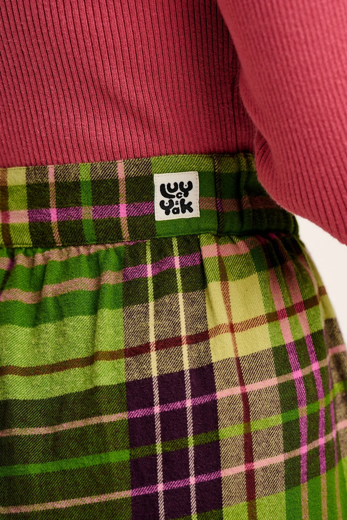 Lucy & Yak Beau - Balloon Brushed Cotton Trousers in Green Isla Tartan Print