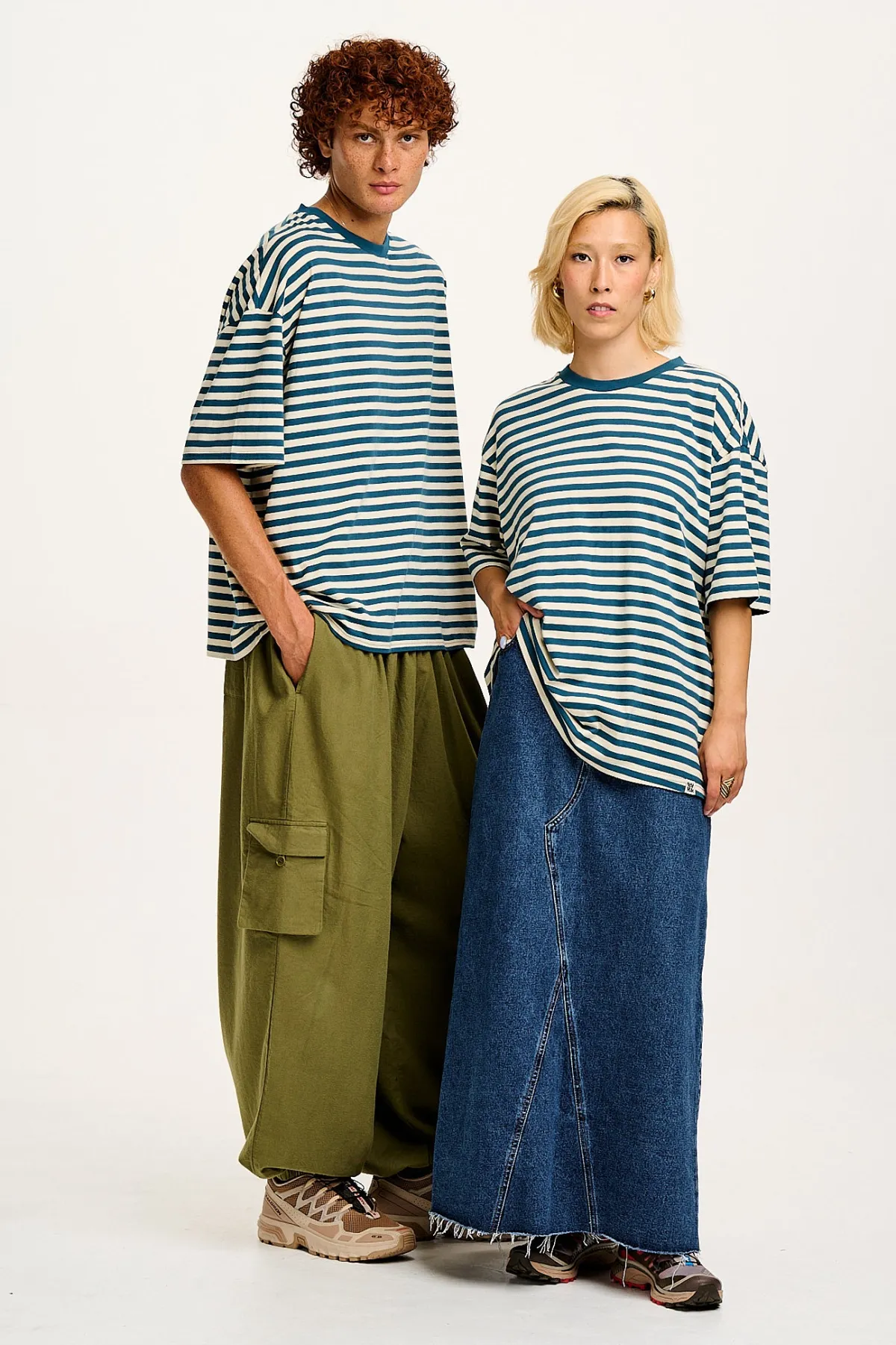 Lucy & Yak Benny - Oversized Cotton Tee in Blue & Ecru Stripe