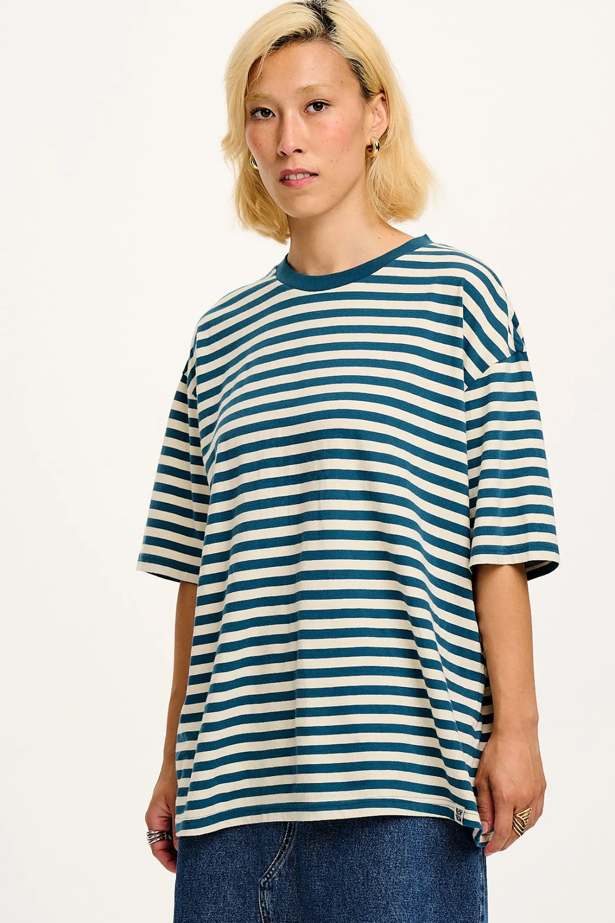 Lucy & Yak Benny - Oversized Cotton Tee in Blue & Ecru Stripe