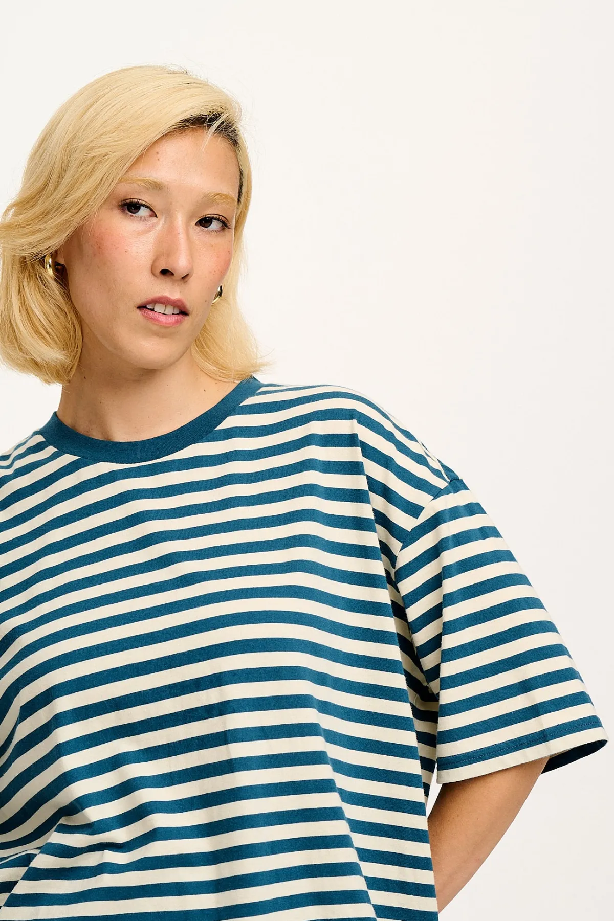 Lucy & Yak Benny - Oversized Cotton Tee in Blue & Ecru Stripe