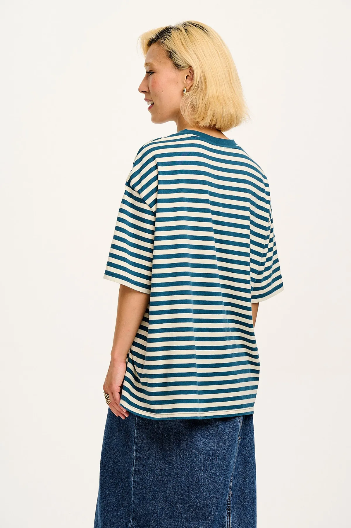 Lucy & Yak Benny - Oversized Cotton Tee in Blue & Ecru Stripe