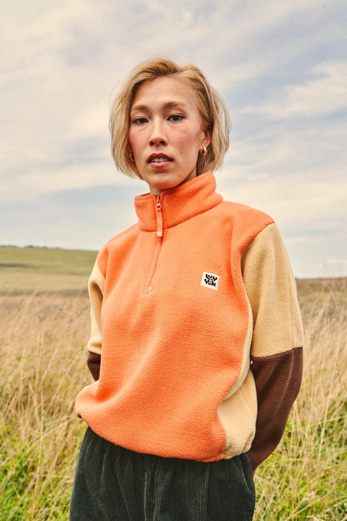 Lucy & Yak Blake - Cropped Polar Fleece in Orange, Cream & Brown