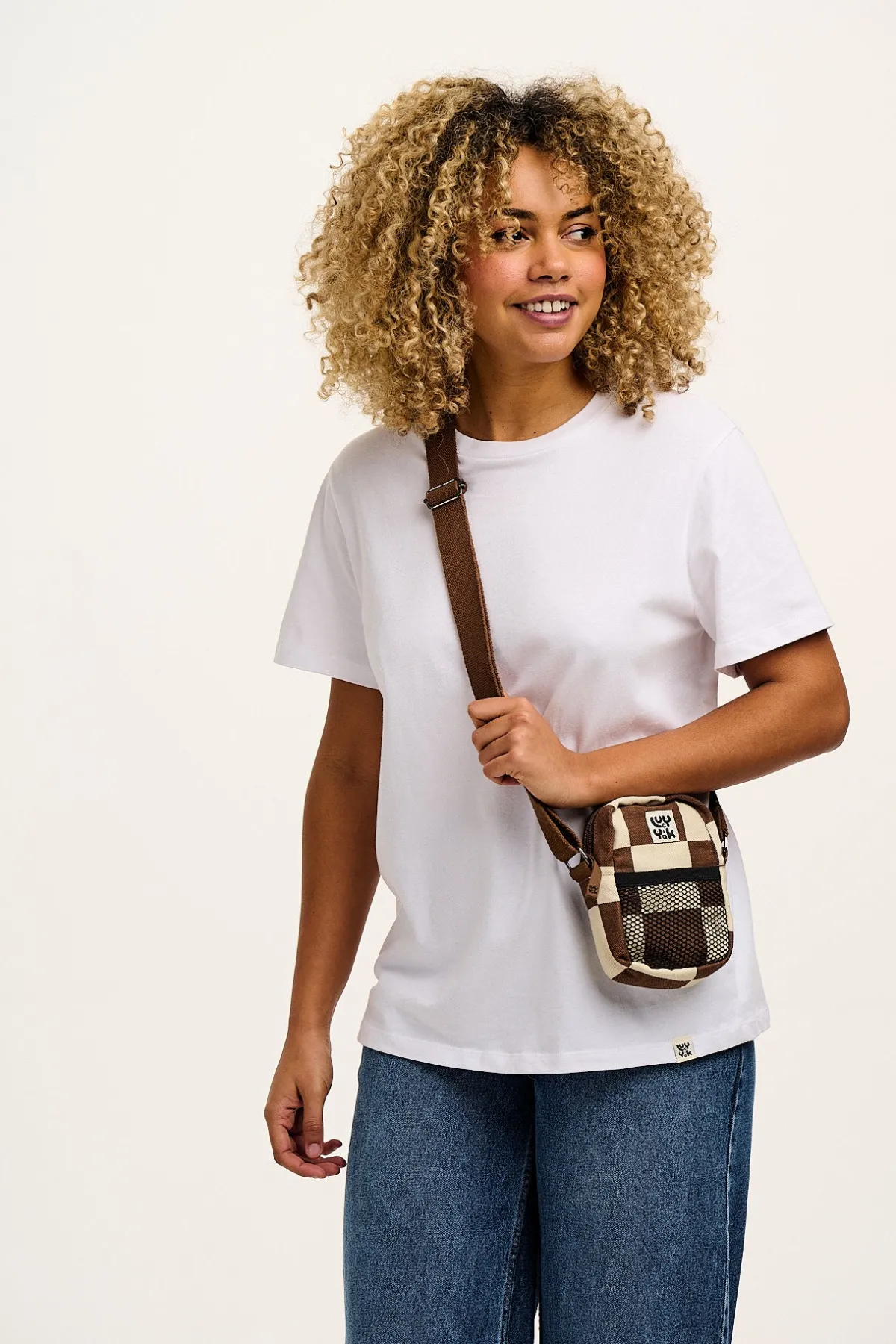 Lucy & Yak Brady - Crossbody Cotton Twill Bag in Cookies & Cream Checkerboard Print
