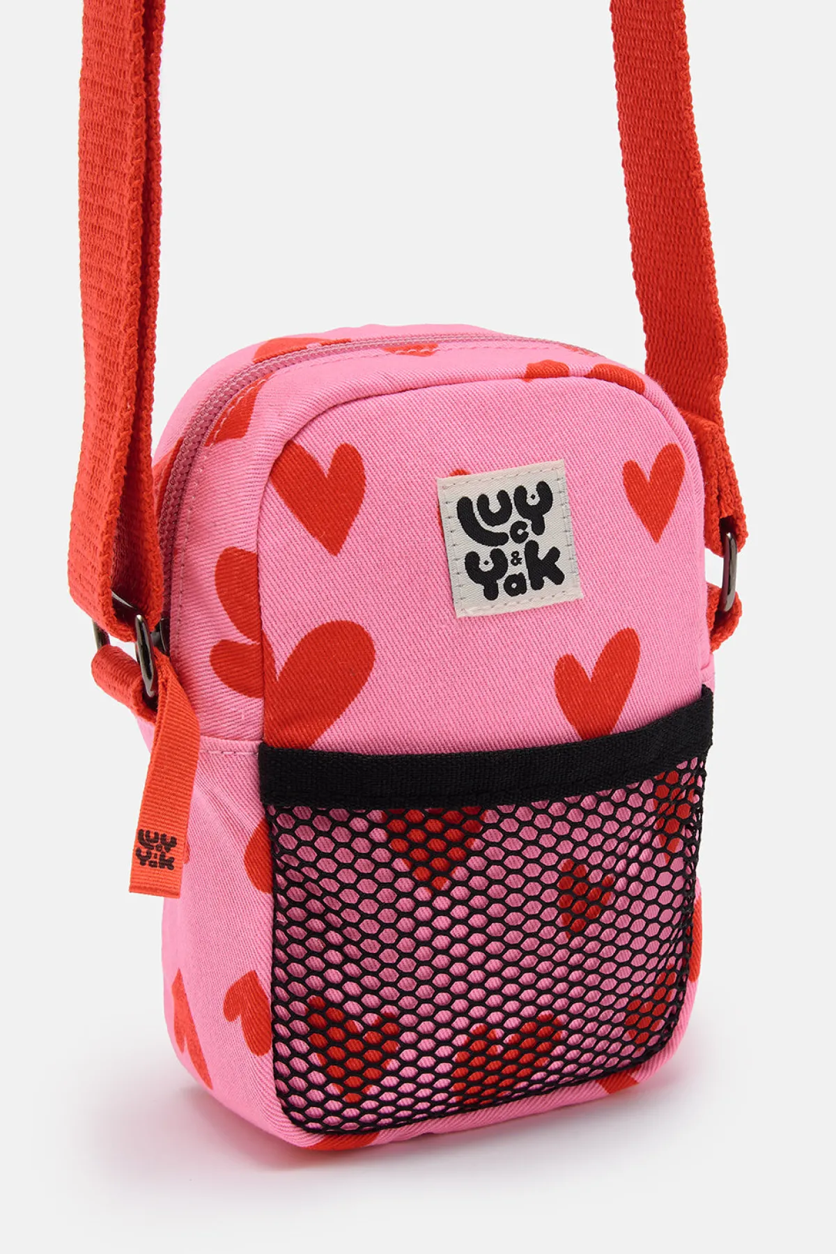 Lucy & Yak Brady - Crossbody Cotton Twill Bag in Pink Heart Cupid Print