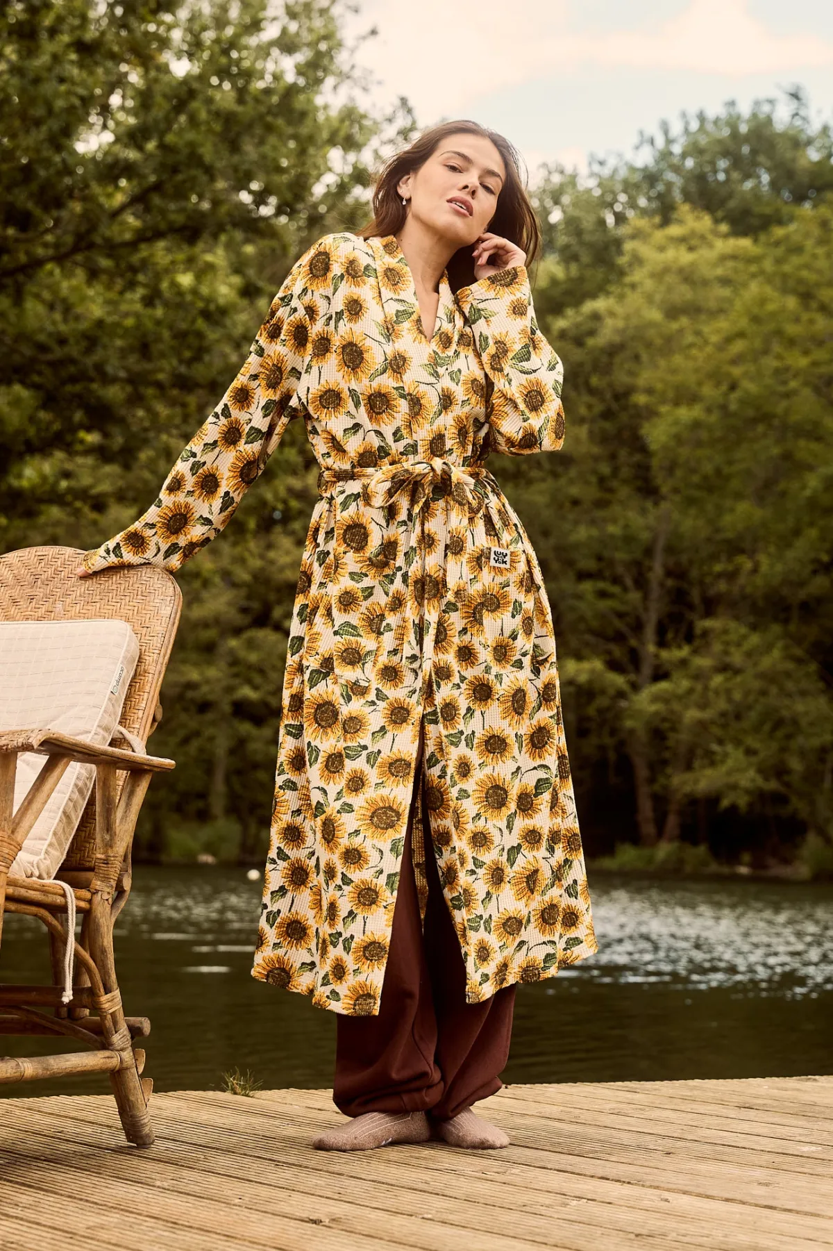 Lucy & Yak Braydon - Waffle Cotton Robe in Cream Sunflower Print