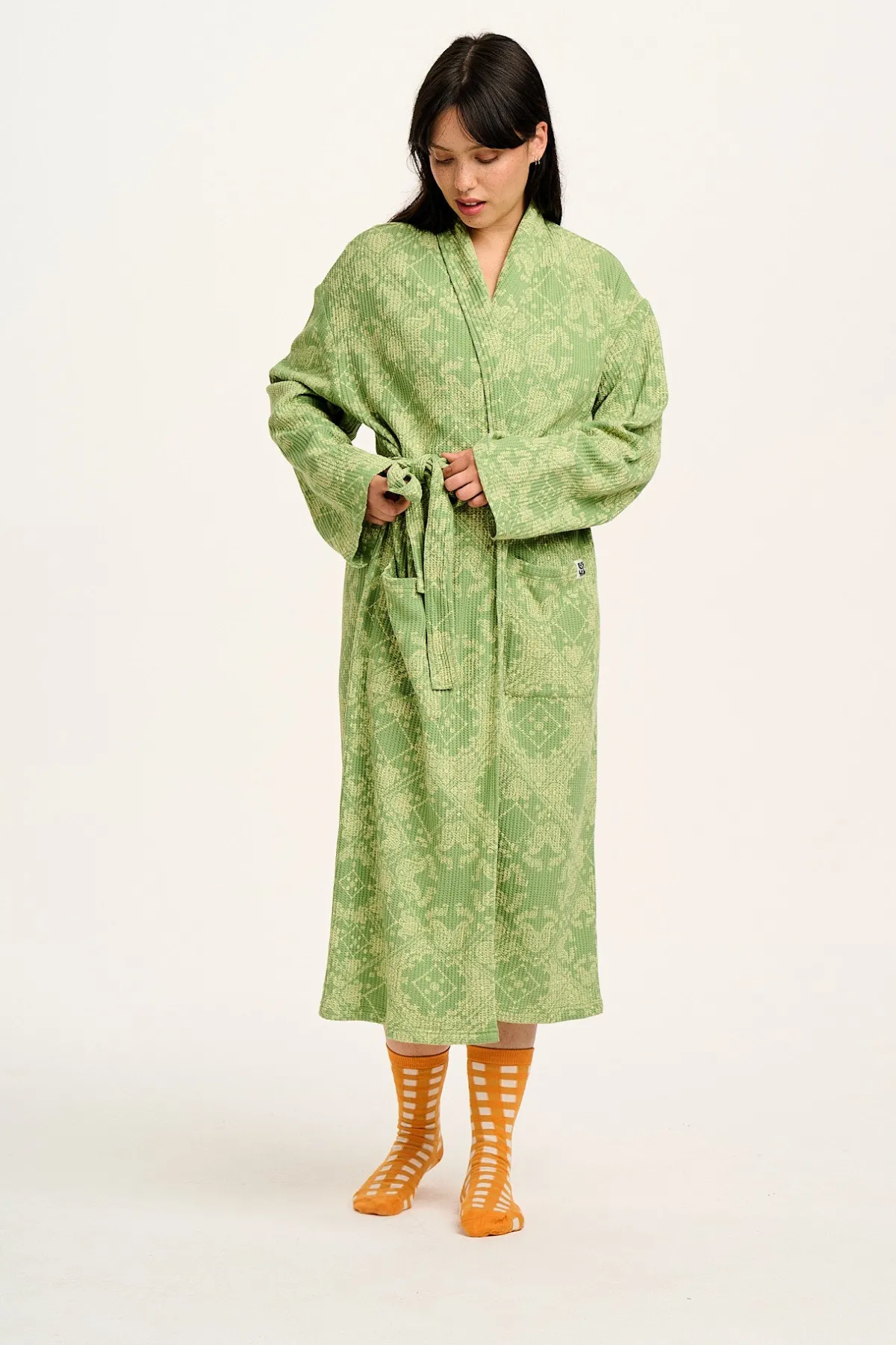 Lucy & Yak Braydon - Waffle Cotton Robe in Green Eldorado Print