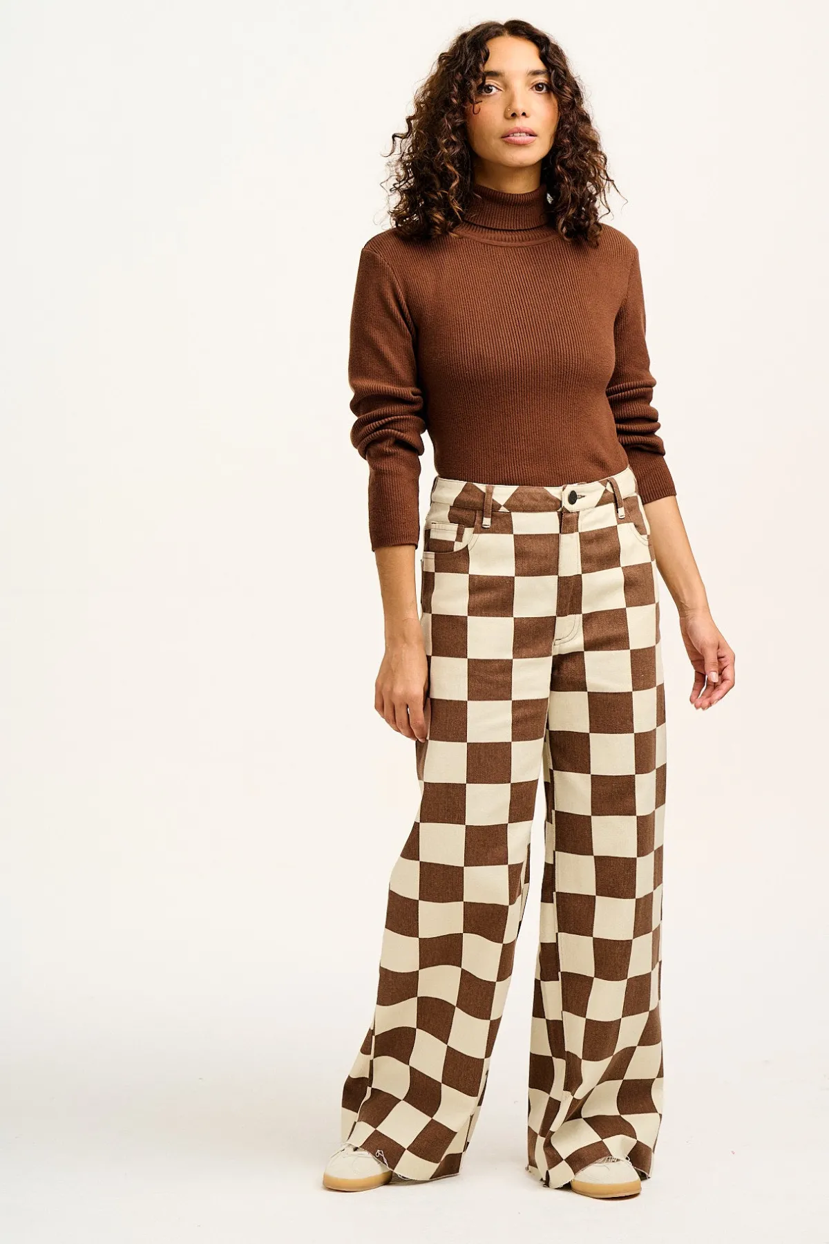 Lucy & Yak Carter - High Waisted Jeans in Cookies & Cream Checkerboard Print