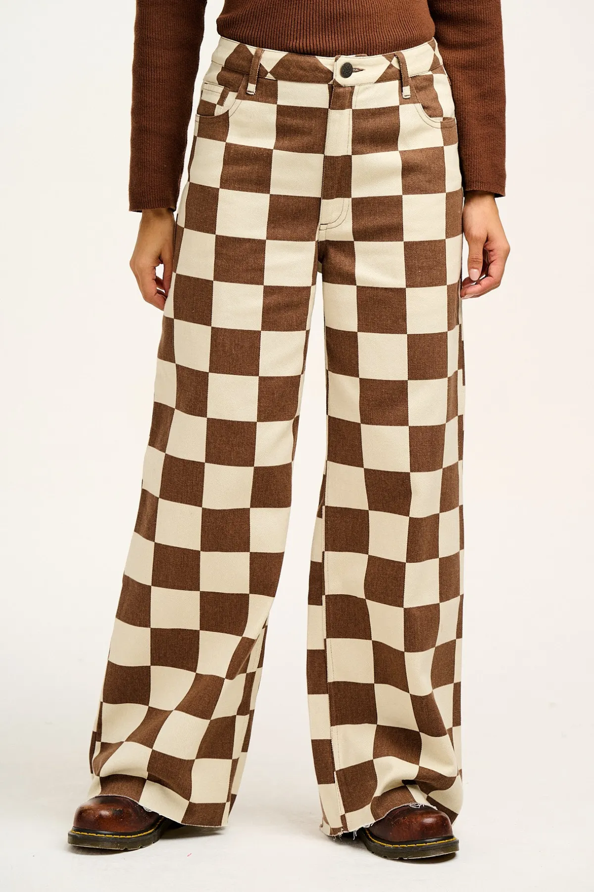 Lucy & Yak Carter - High Waisted Jeans in Cookies & Cream Checkerboard Print