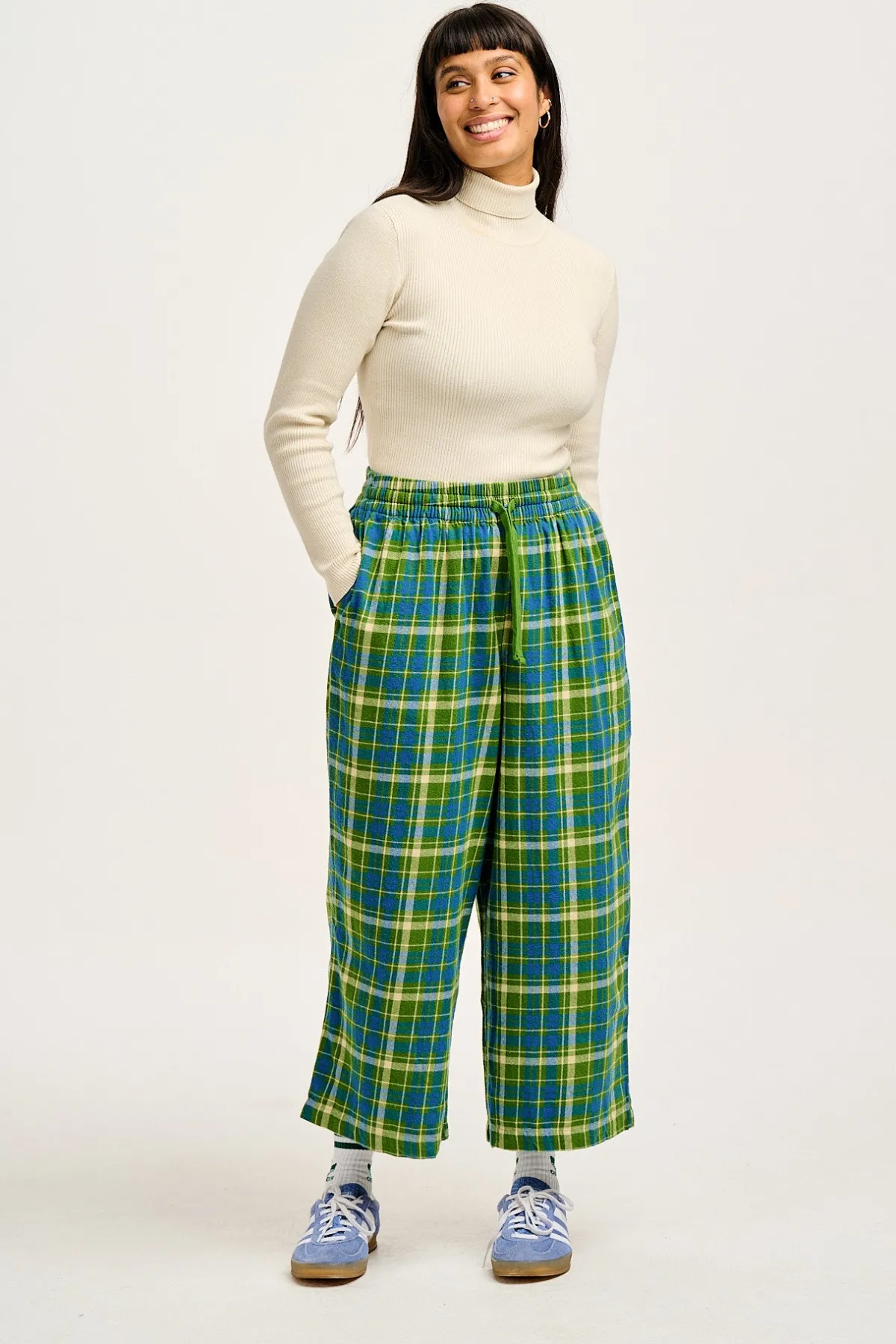 Lucy & Yak Chuck - Wide Leg Cotton Trousers in Green & Blue Elsie Tartan Print