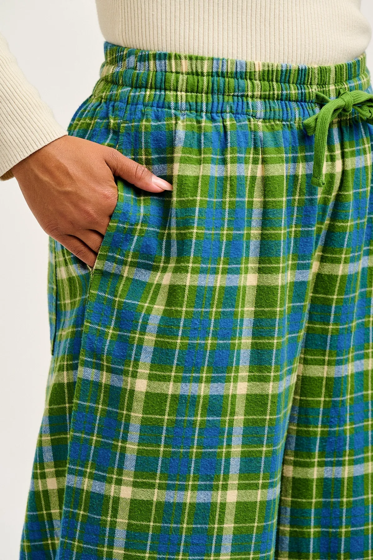 Lucy & Yak Chuck - Wide Leg Cotton Trousers in Green & Blue Elsie Tartan Print