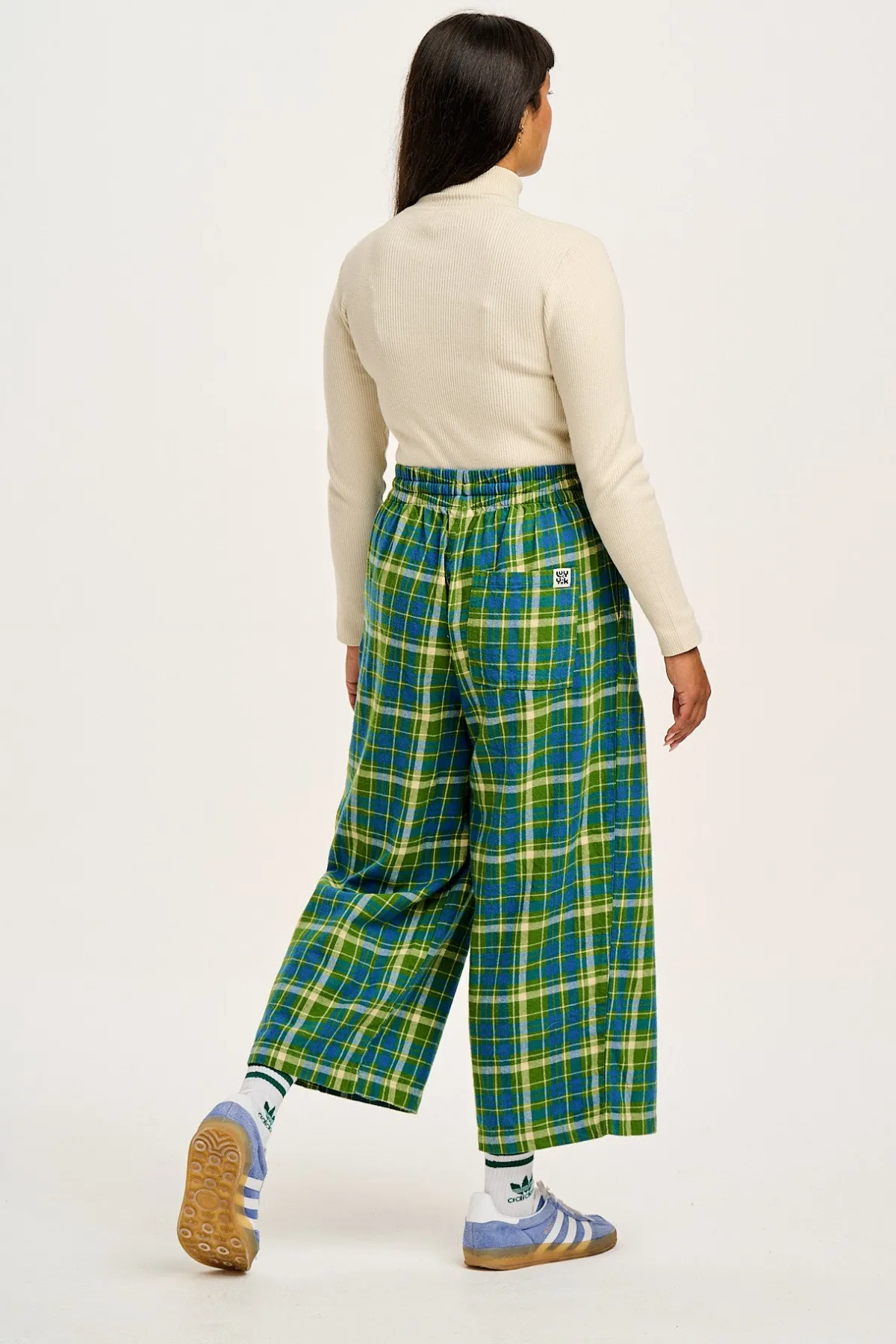 Lucy & Yak Chuck - Wide Leg Cotton Trousers in Green & Blue Elsie Tartan Print