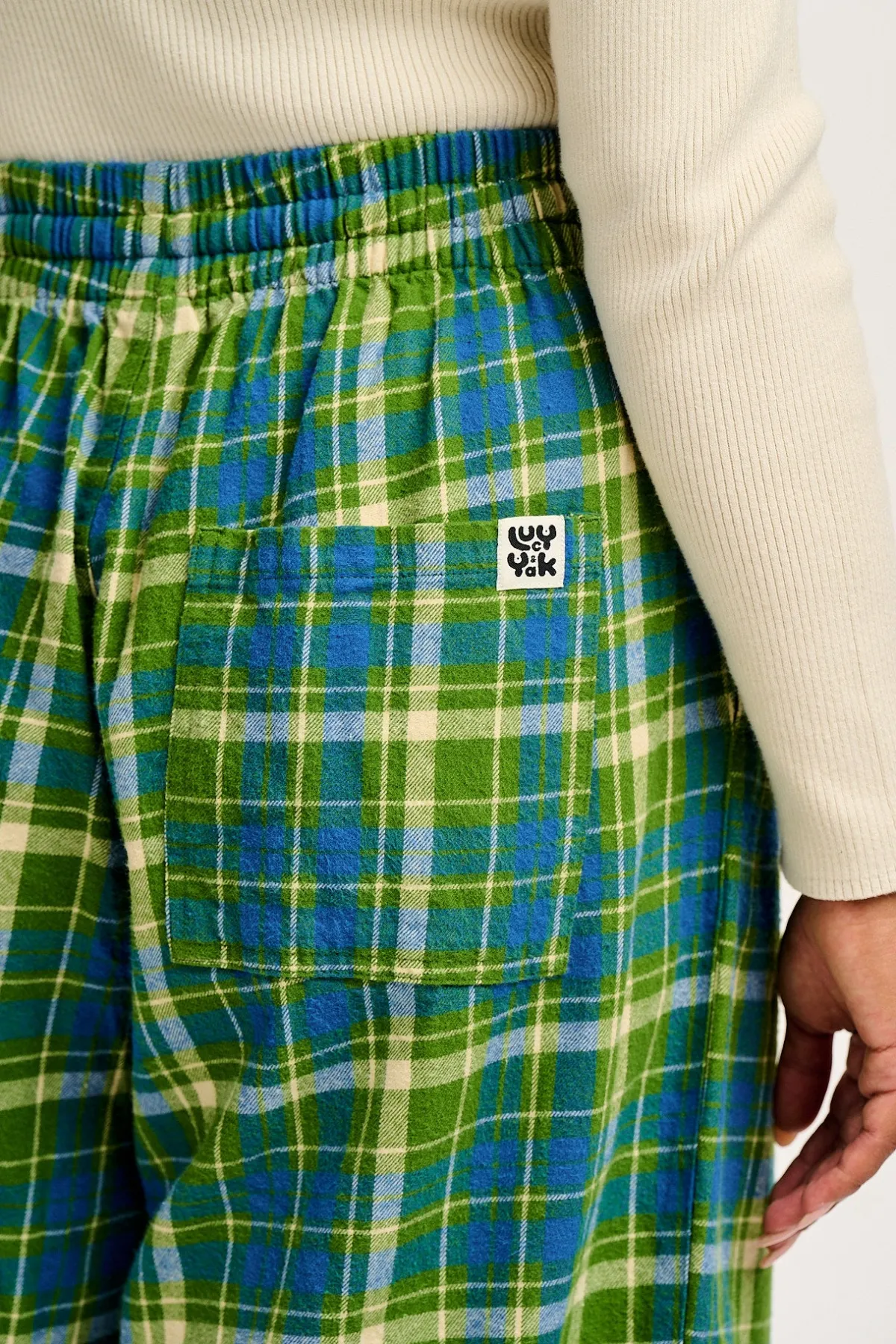 Lucy & Yak Chuck - Wide Leg Cotton Trousers in Green & Blue Elsie Tartan Print