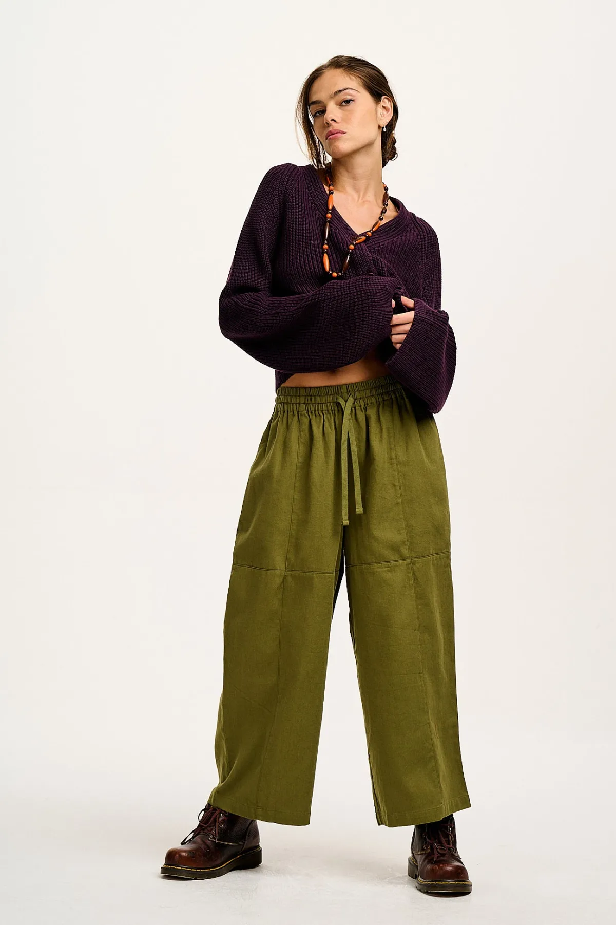 Lucy & Yak Chuck - Wide Leg Cotton Trousers in Khaki